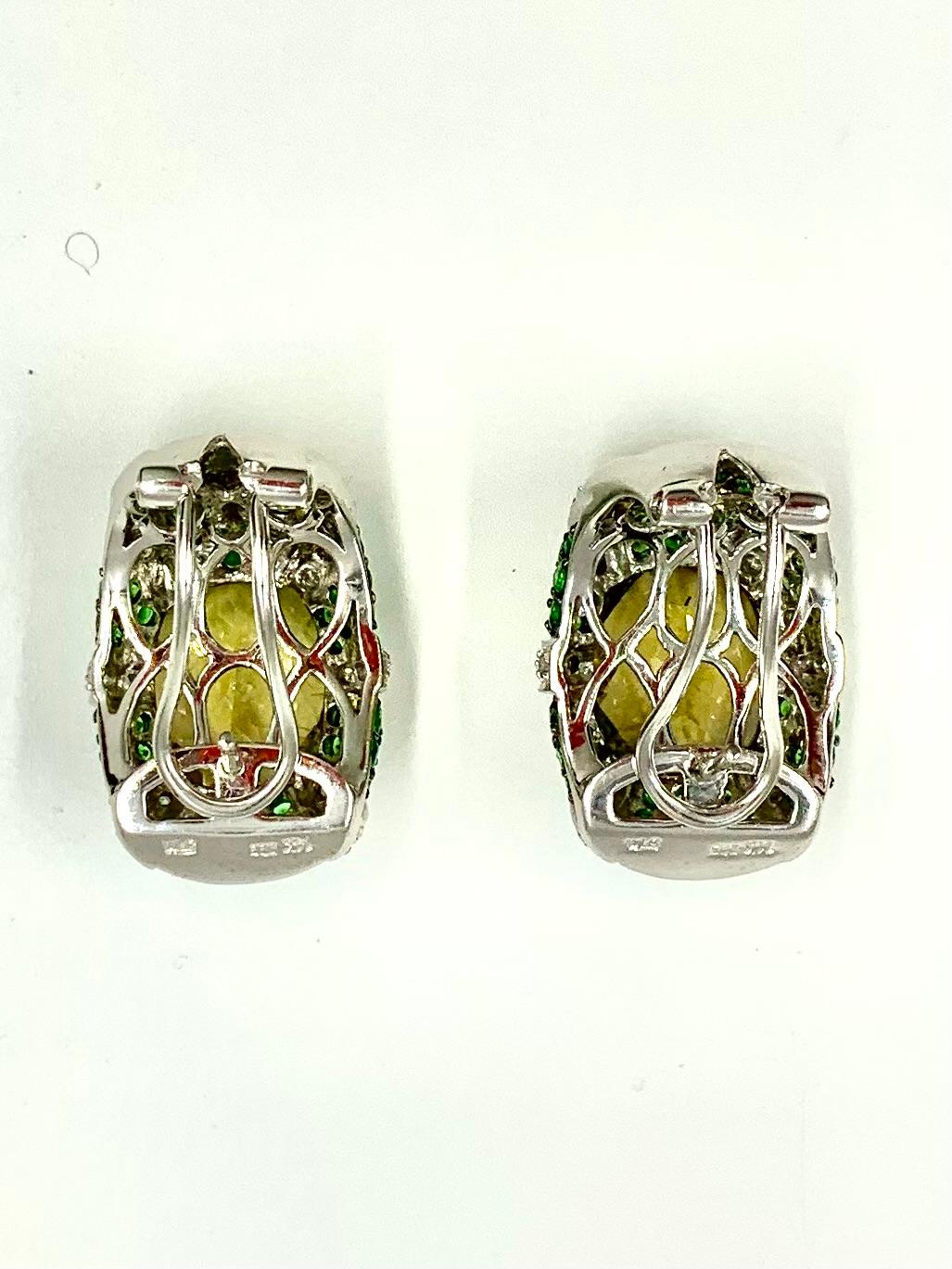 Spectacular Oval Diamond, Tsavorite Garnet, Lemon Quartz 14K White Gold Earrings In Good Condition For Sale In New York, NY