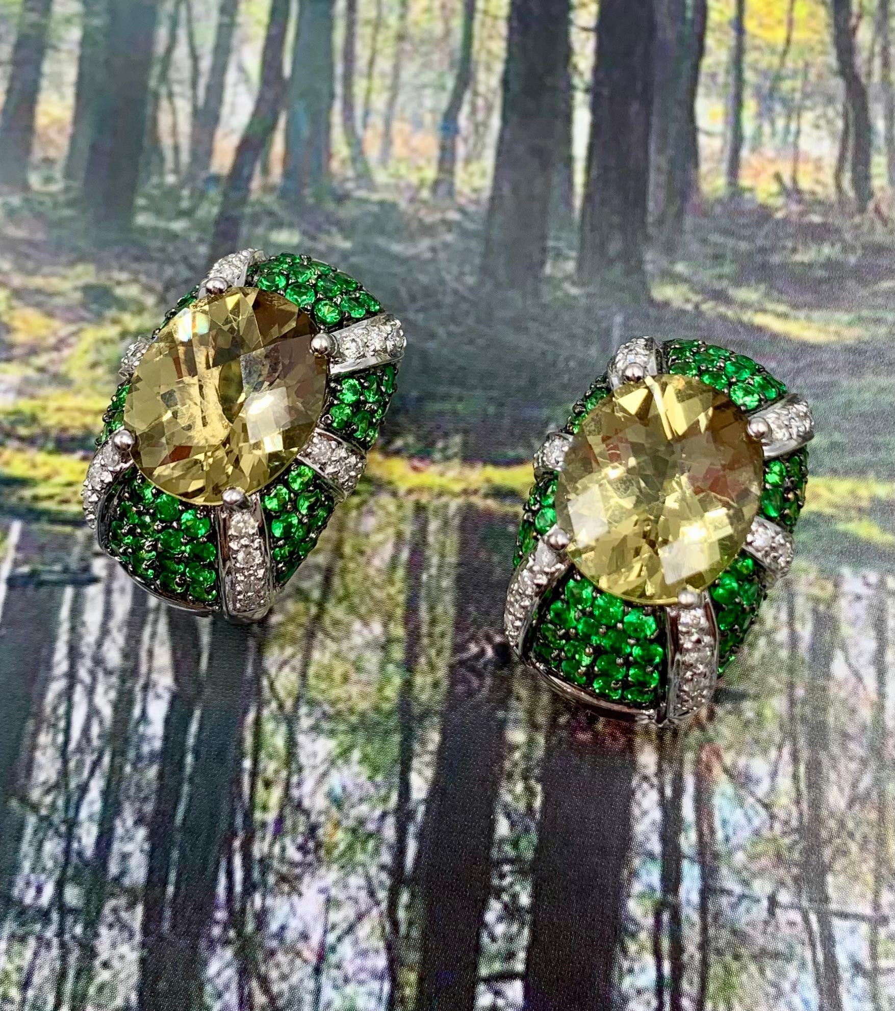 Women's or Men's Spectacular Oval Diamond, Tsavorite Garnet, Lemon Quartz 14K White Gold Earrings For Sale