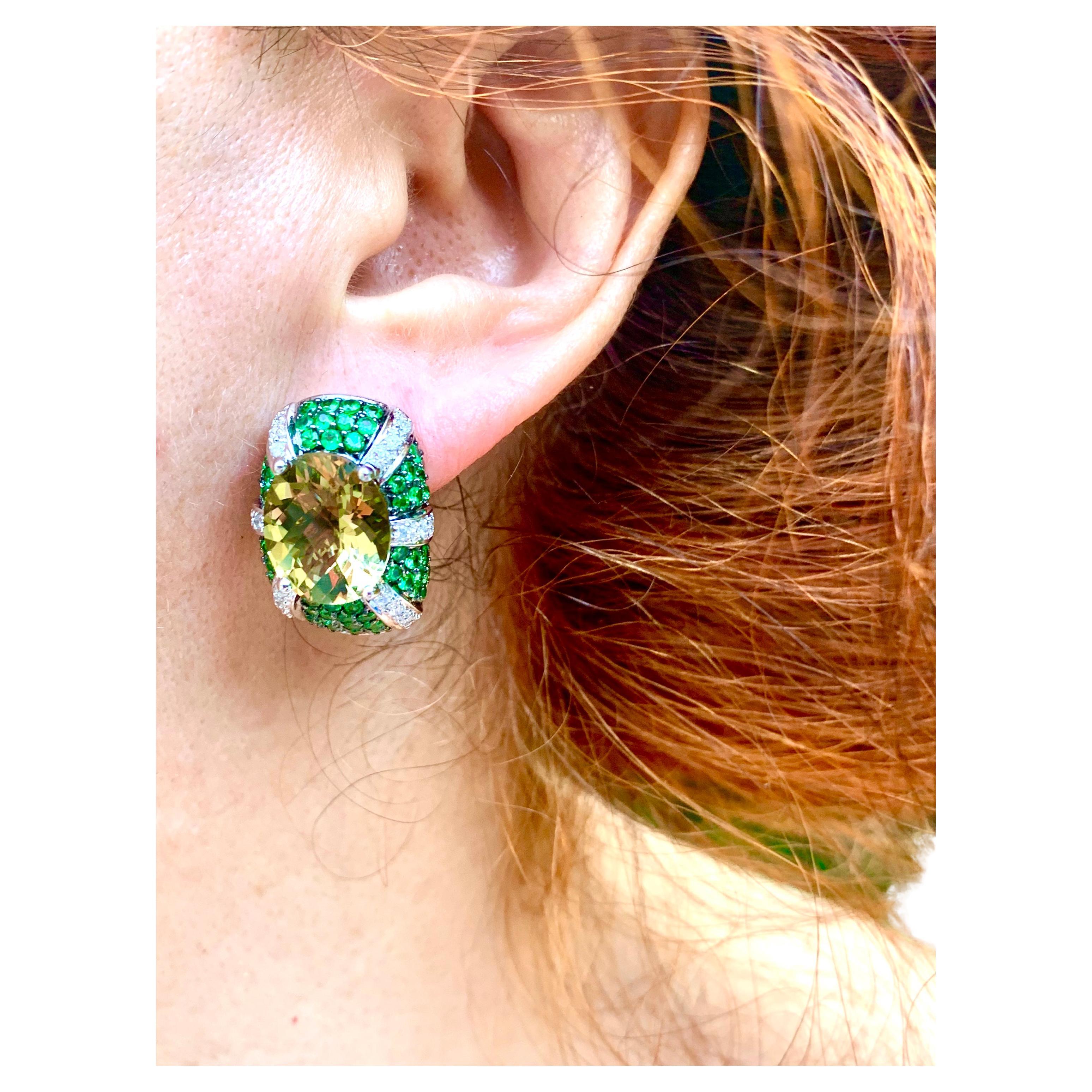 Spectacular Oval Diamond, Tsavorite Garnet, Lemon Quartz 14K White Gold Earrings