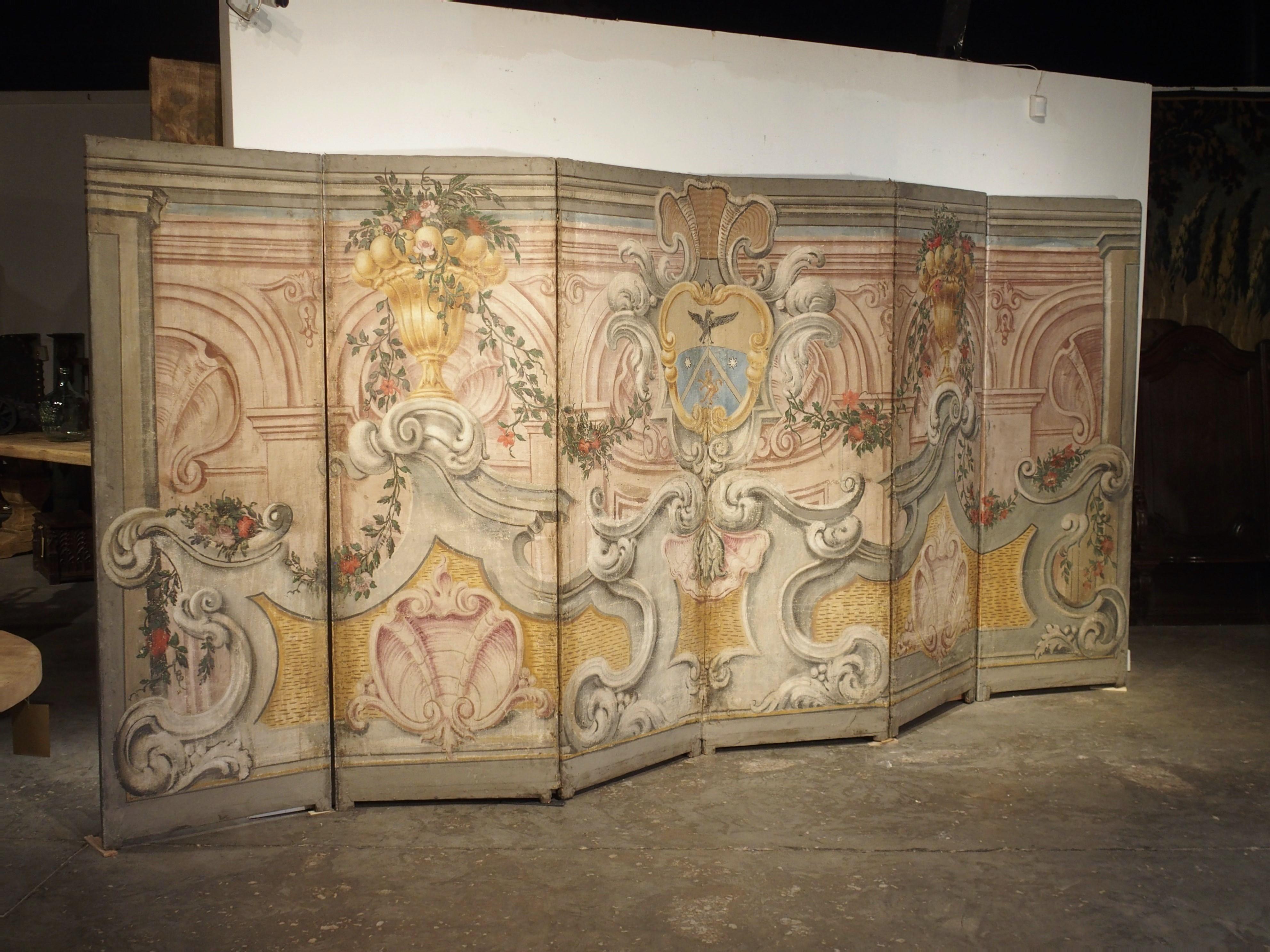 Spectacular Painted Six-Panel Armorial Baroque Screen from Italy, Circa 1700 For Sale 8