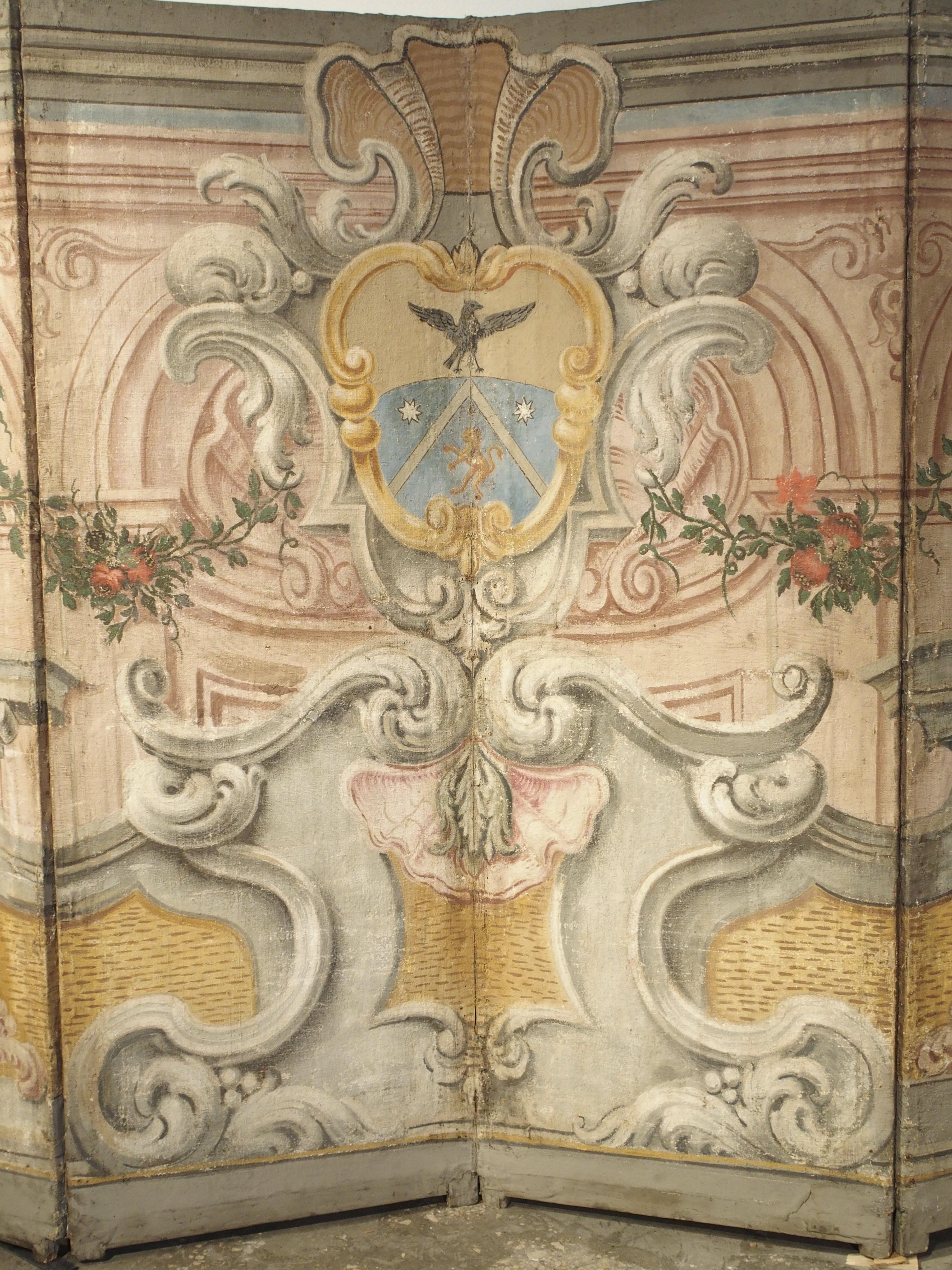 Hand-Painted Spectacular Painted Six-Panel Armorial Baroque Screen from Italy, Circa 1700 For Sale
