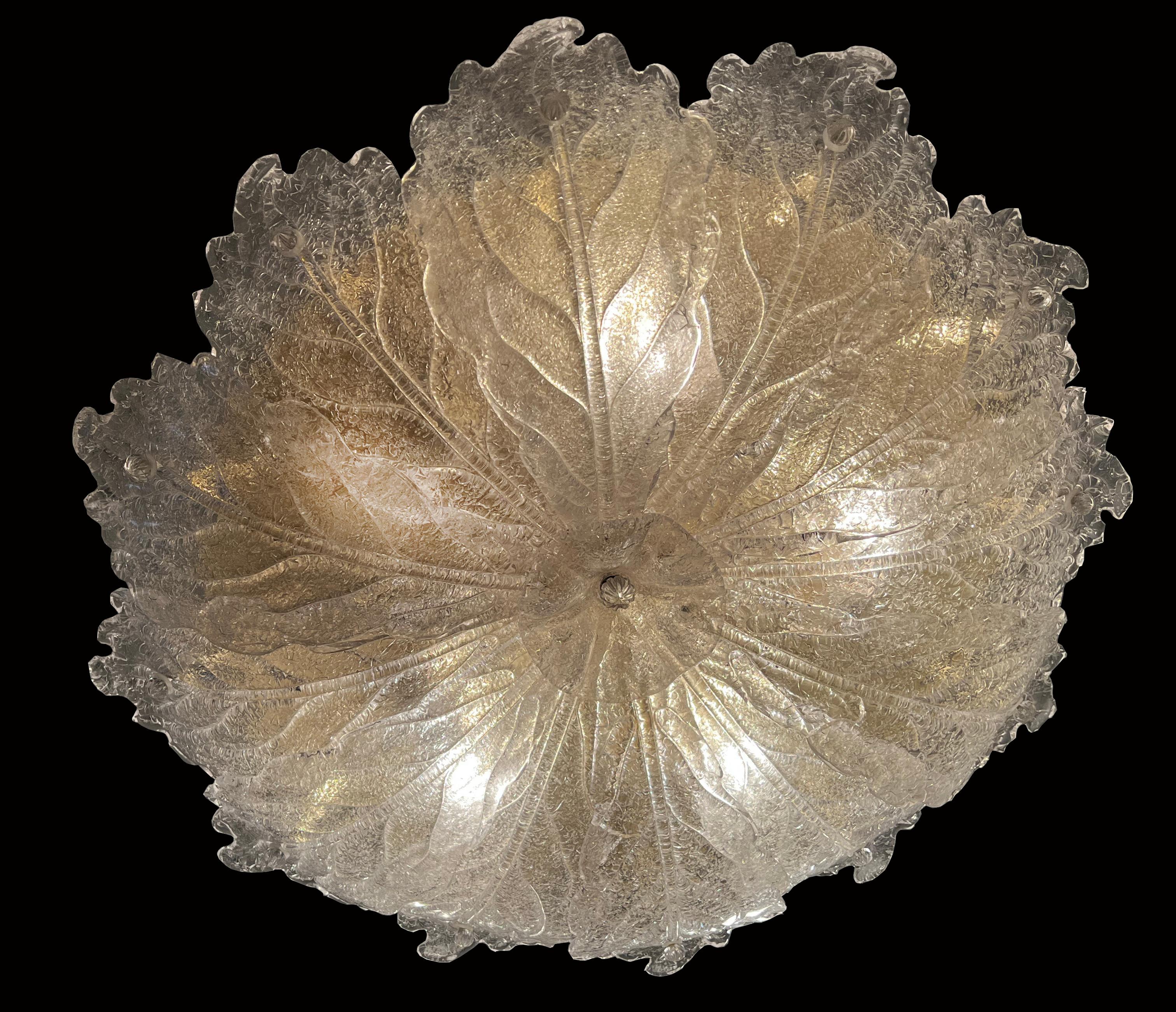 Luxury Barovier & Toso Venetian glass ceiling formed by 12 large leaves in pure ice-colored 