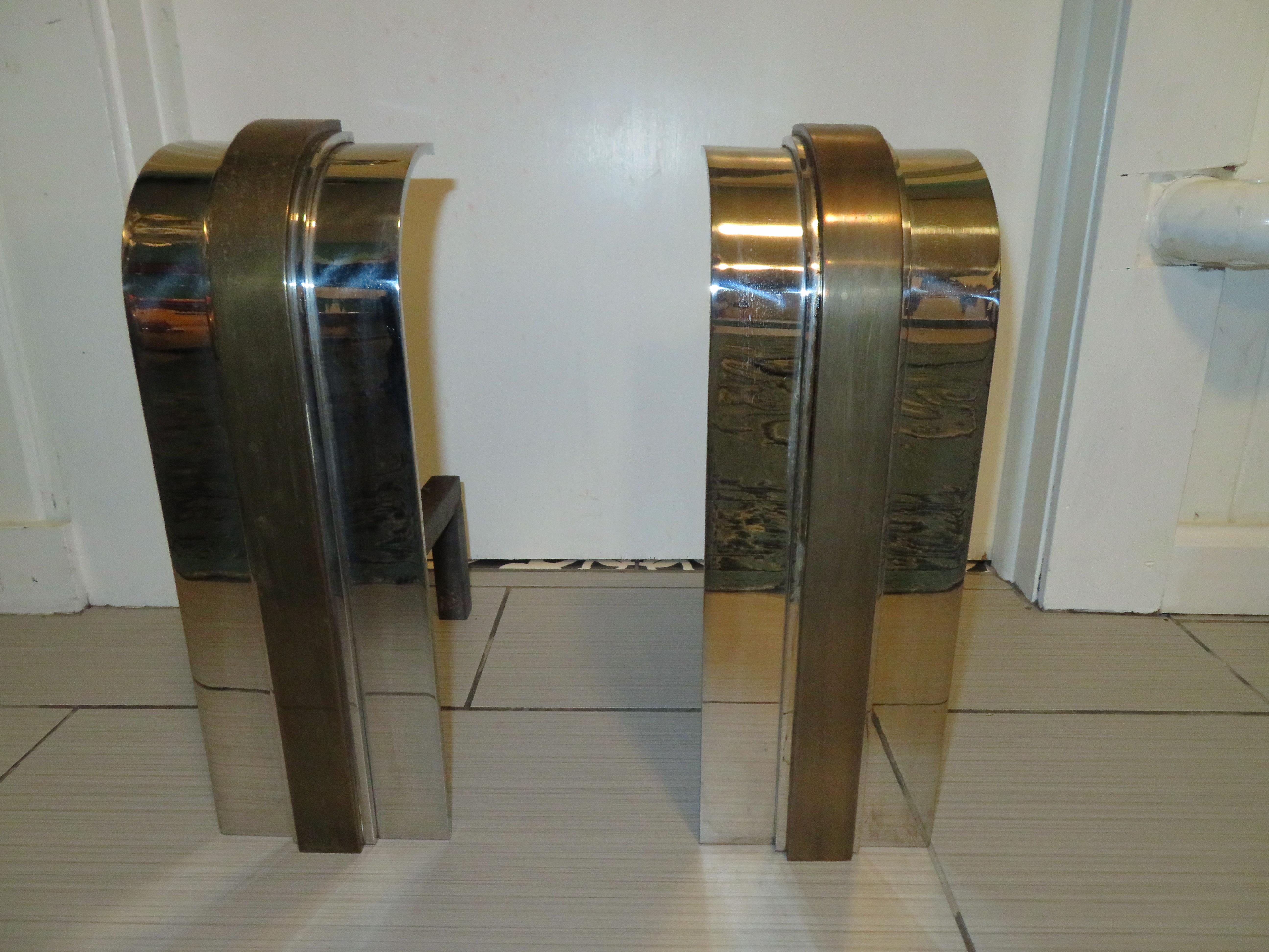 Spectacular Pair of Danny Alessandro Fireplace Andirons Chrome Brass Modern For Sale 4