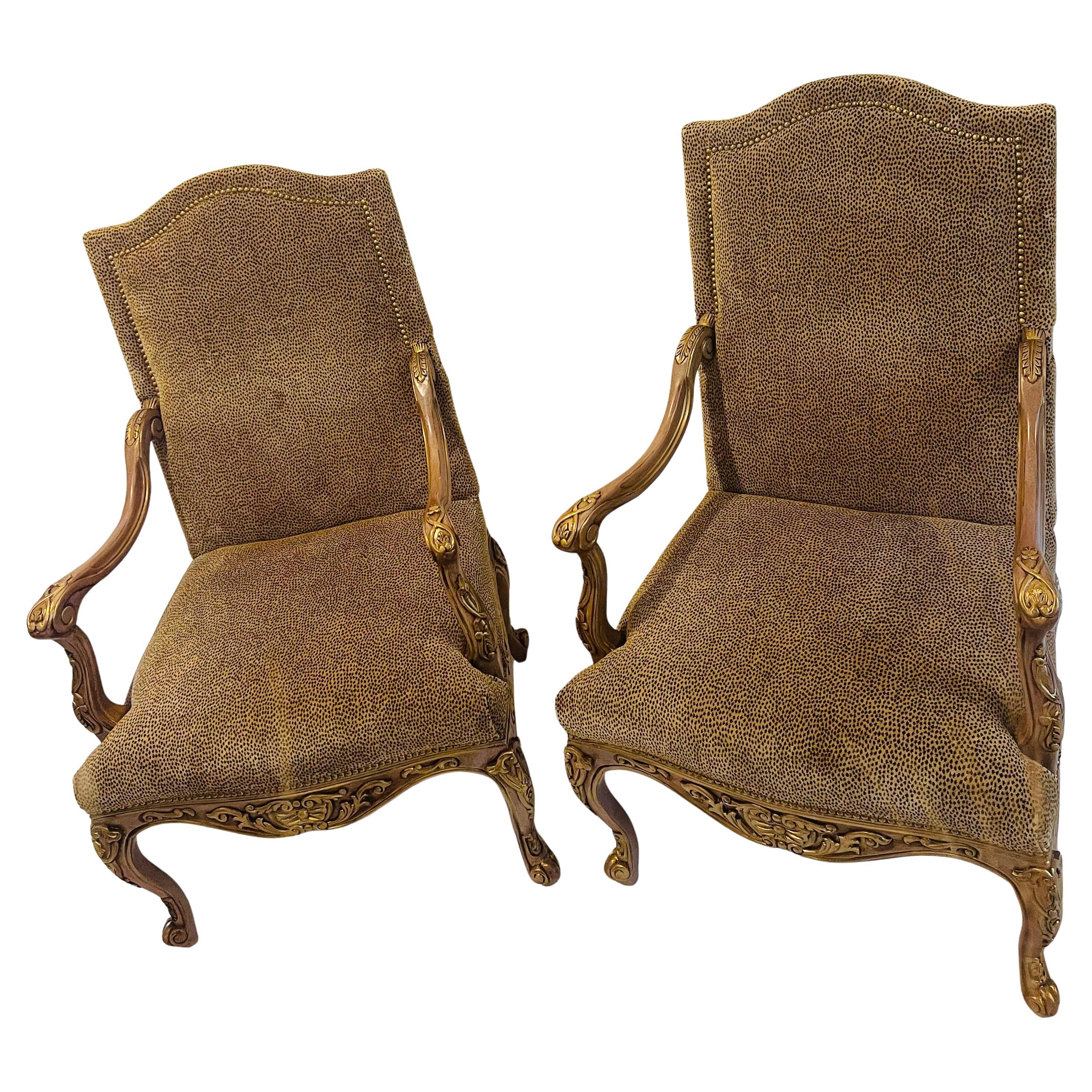 Spectacular Pair Large Lounge Chairs with Gold Wash And 2 Lumbar Cushions For Sale