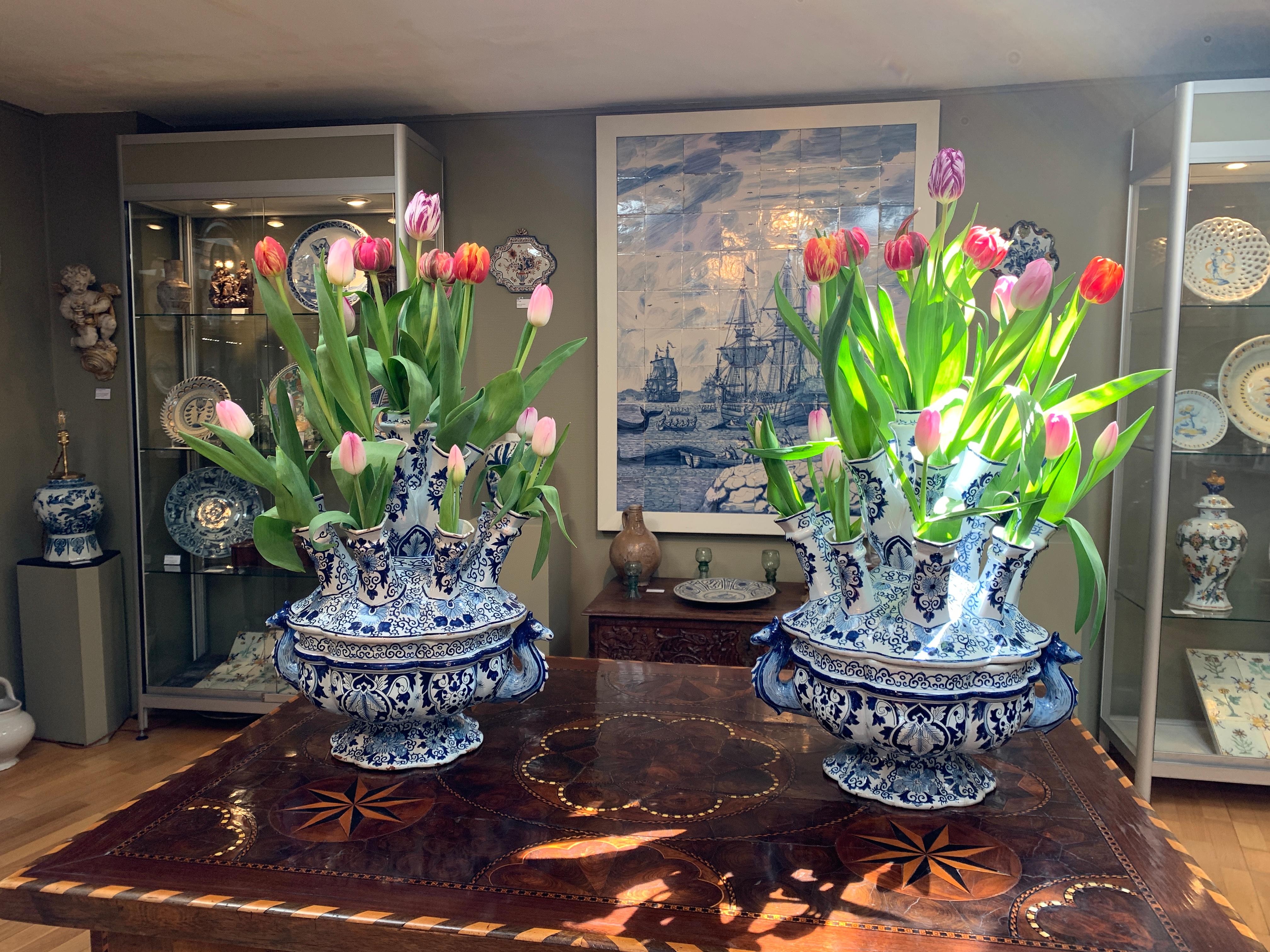 Glazed Spectacular Pair Large Round Tulip Vases or Tulipieres, 19th Century