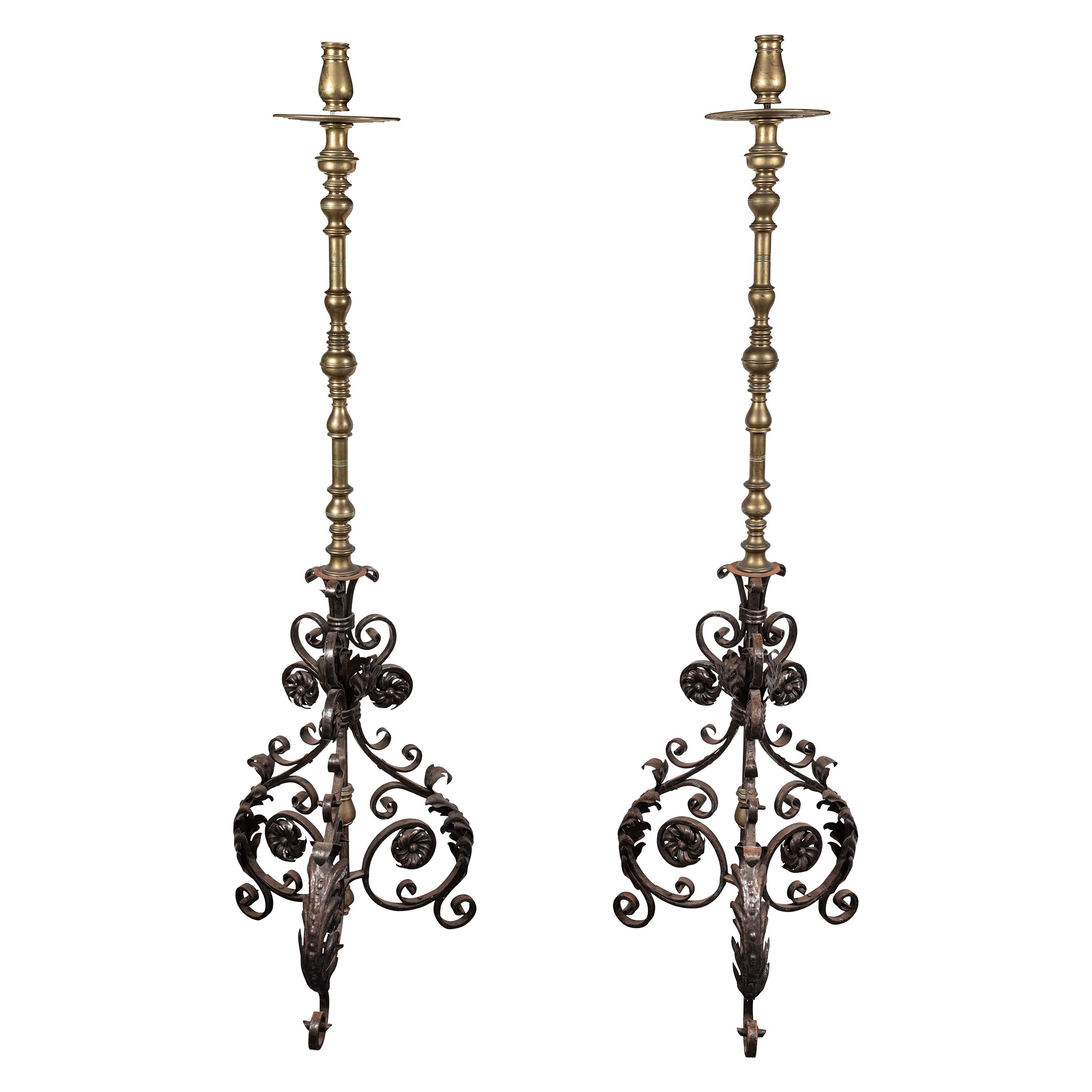 Spectacular Pair of 18th Century Iron Candlesticks