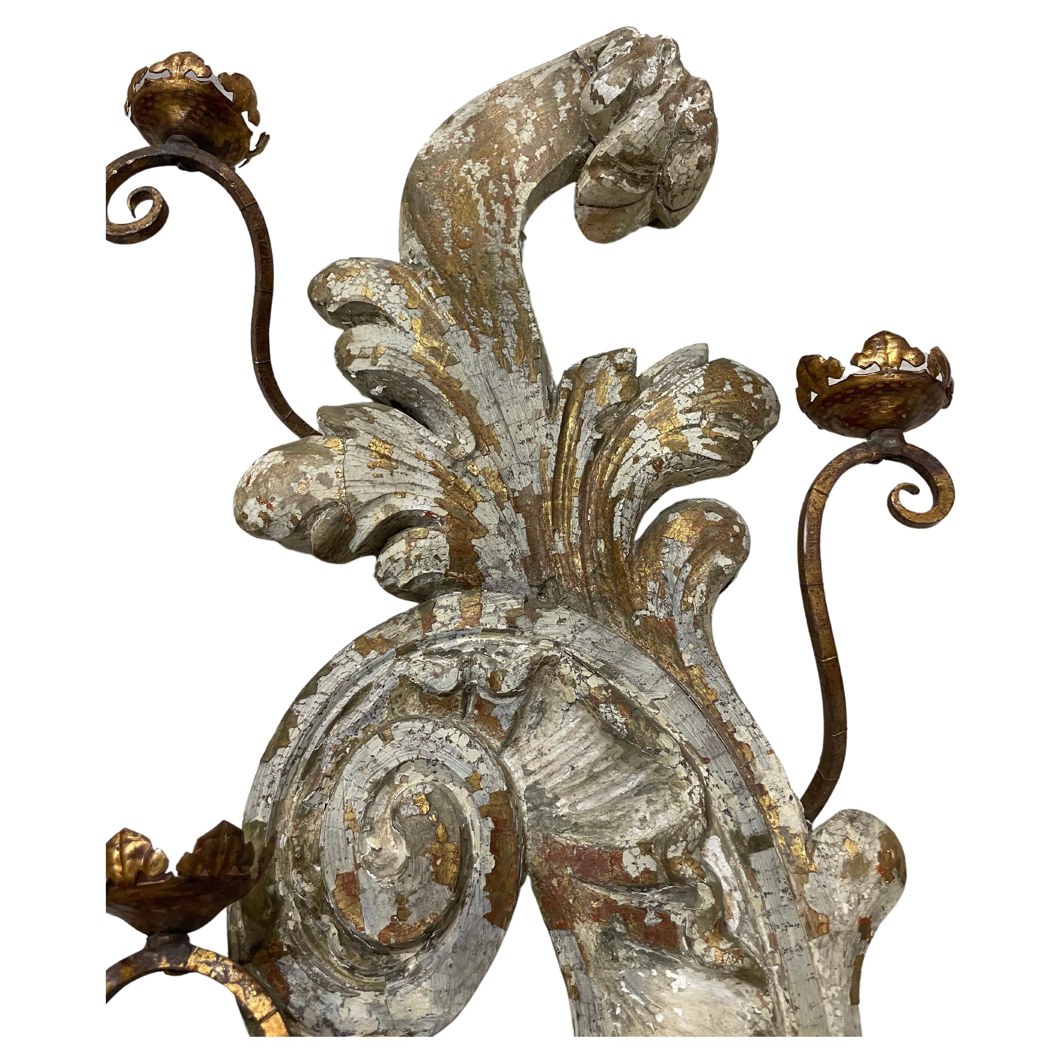 Spectacular Pair of Antique Italian Carved Wood Sconces, 19th Century In Fair Condition In palm beach, FL