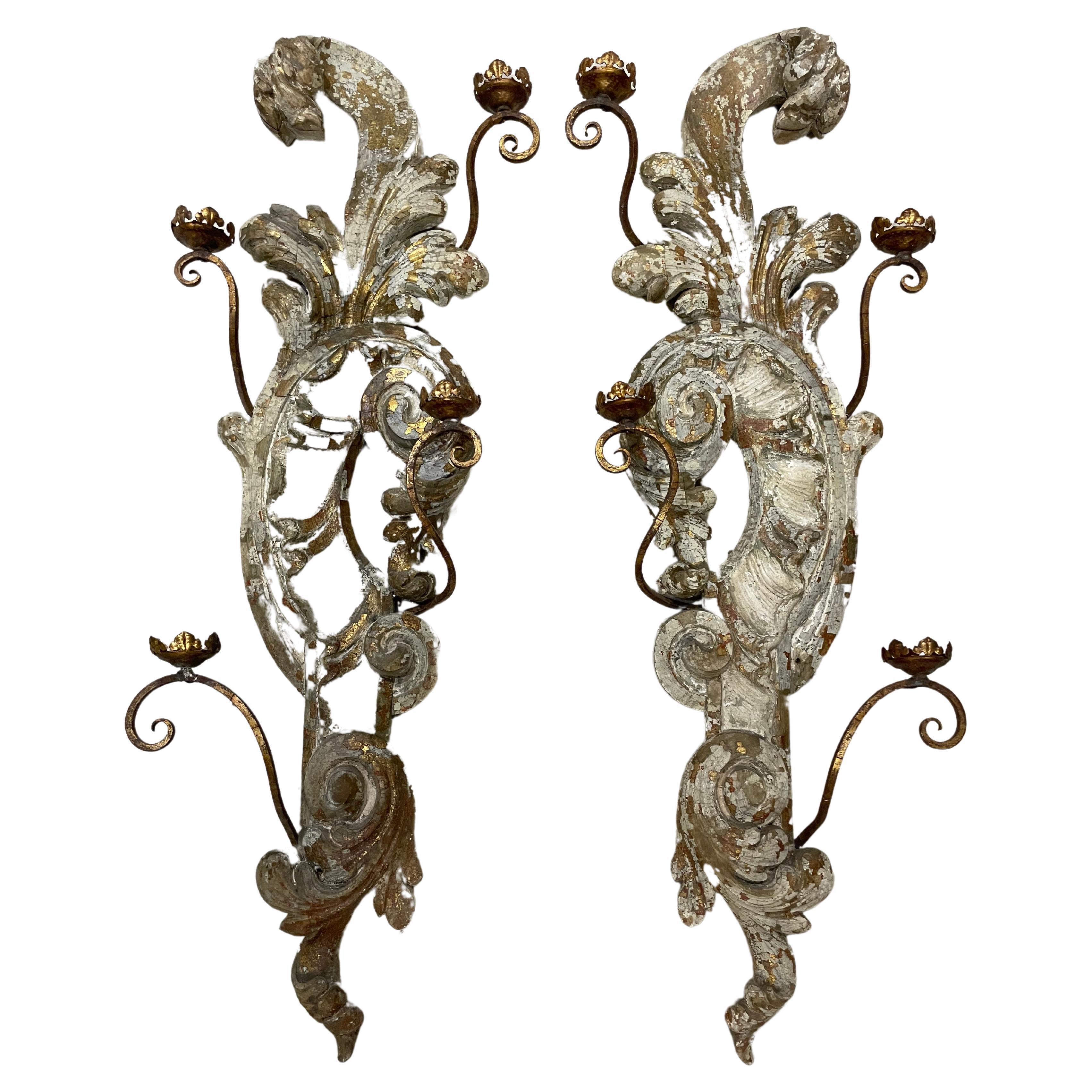 Spectacular Pair of Antique Italian Carved Wood Sconces, 19th Century 5