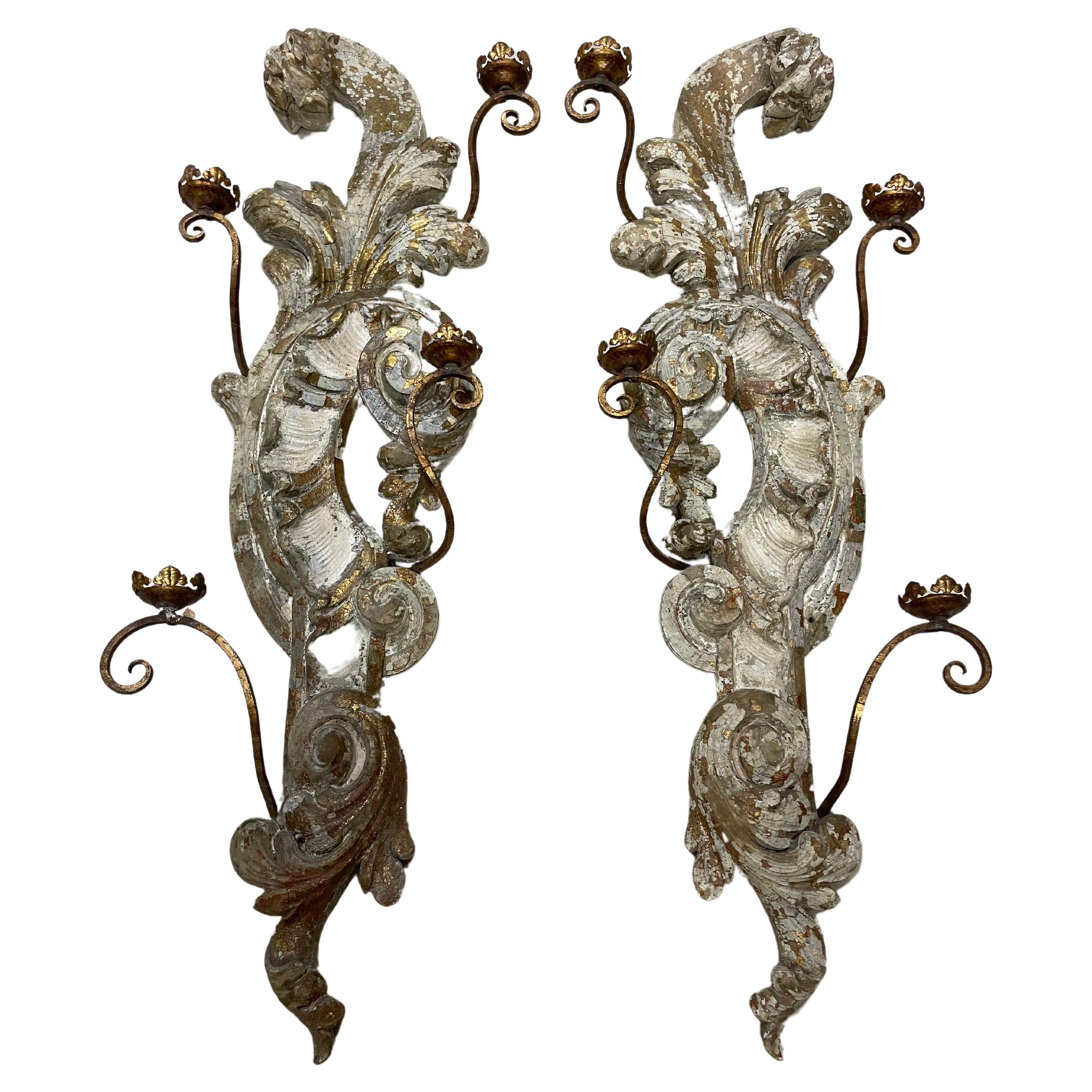 Spectacular Pair of Antique Italian Carved Wood Sconces, 19th Century