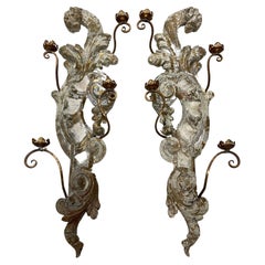 Spectacular Pair of Antique Italian Carved Wood Sconces, 19th Century