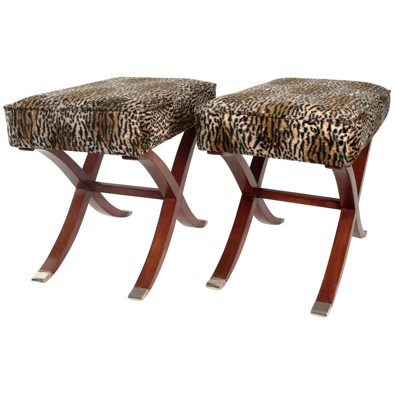 Spectacular Pair of Art Deco Style x Shaped Stools, France, Late 20th Century
