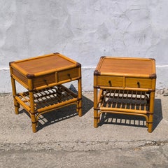 Spectacular Pair of Bamboo Rattan End Tables with Drawers & Shelves Mid-Century