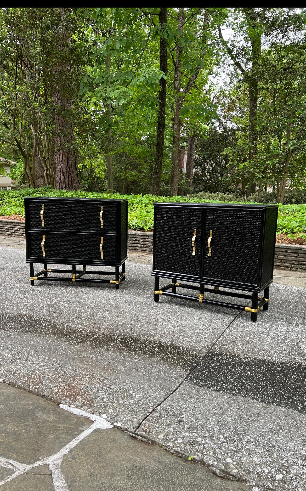 Spectacular Pair of Cane and Brass Doors and Drawers Commodes by Tommi Parzinger For Sale 6