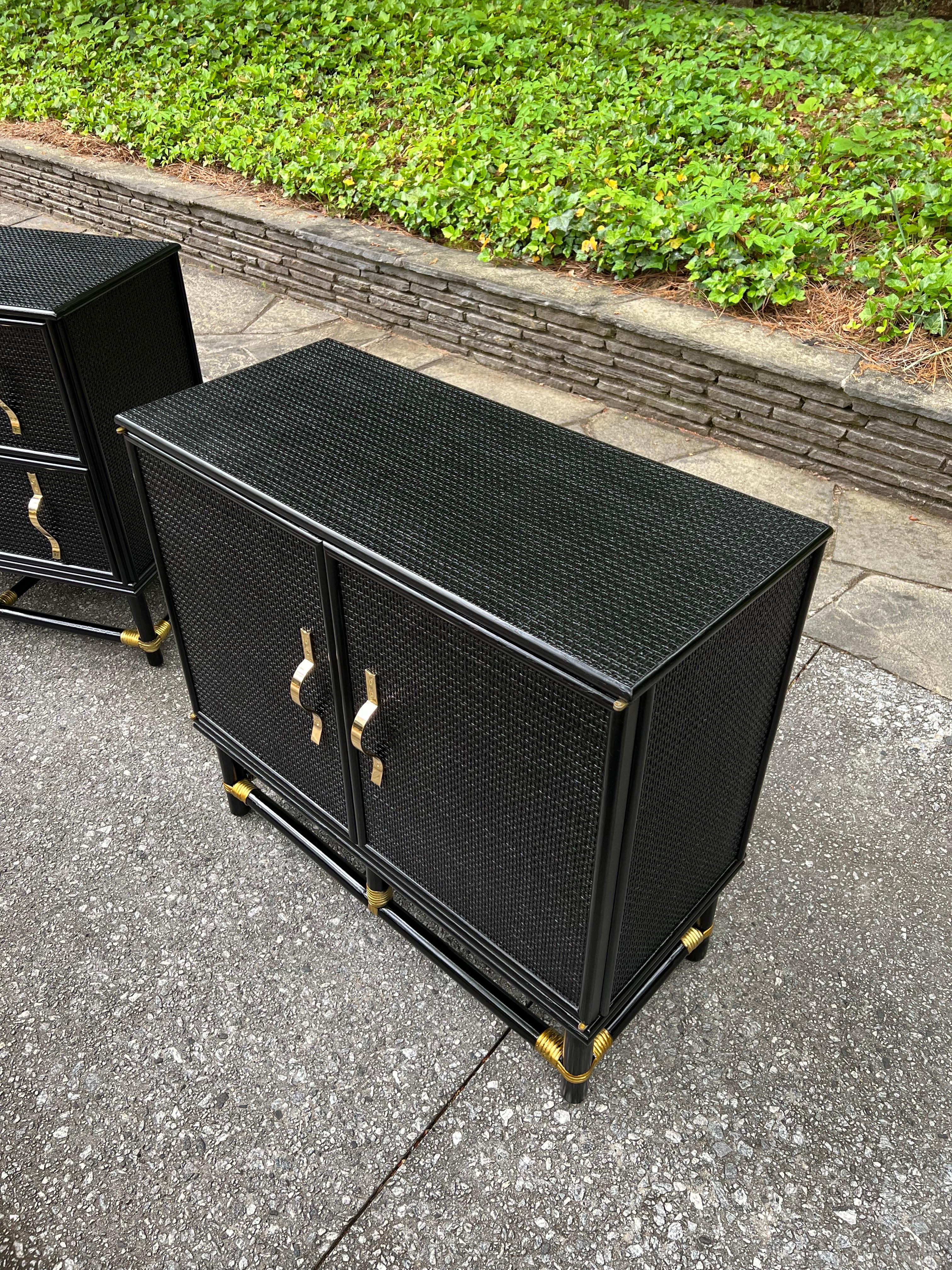 Spectacular Pair of Cane and Brass Doors and Drawers Commodes by Tommi Parzinger For Sale 7