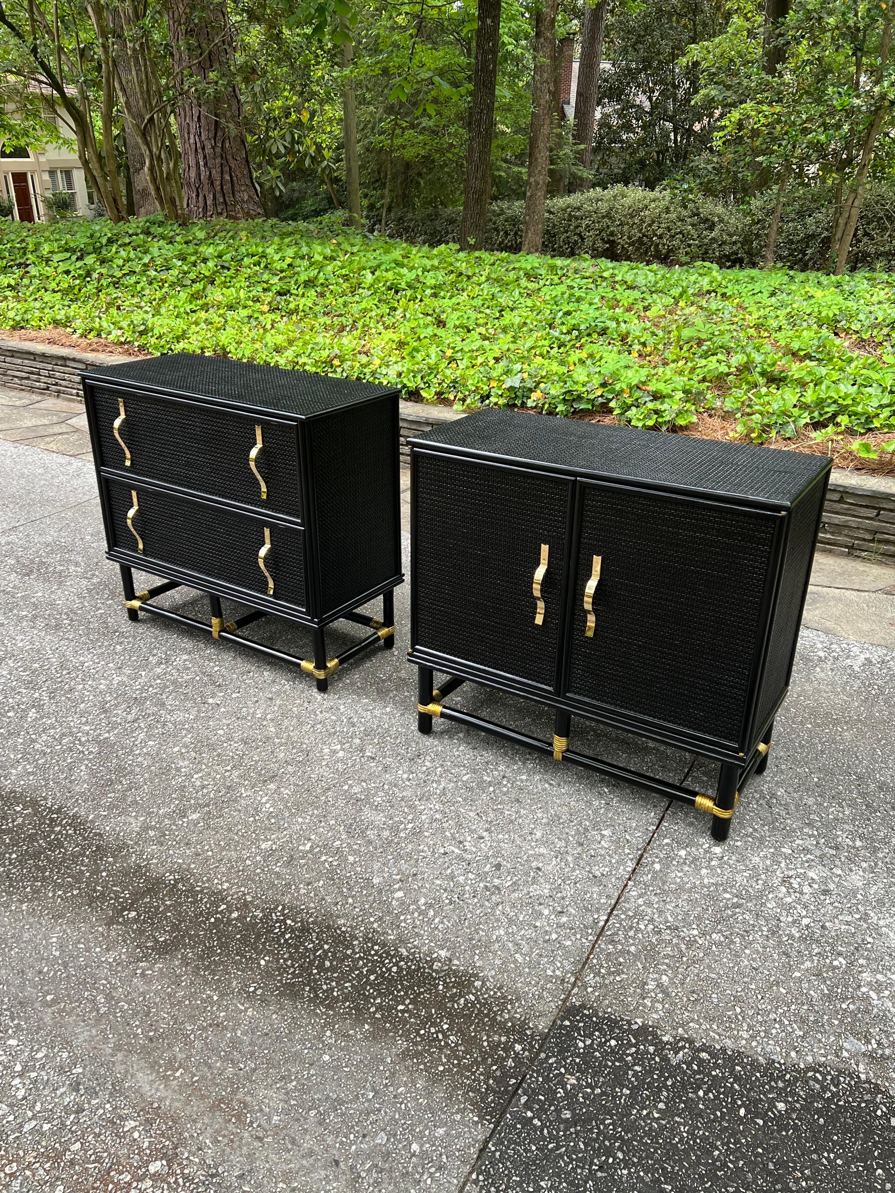 Spectacular Pair of Cane and Brass Doors and Drawers Commodes by Tommi Parzinger For Sale 11