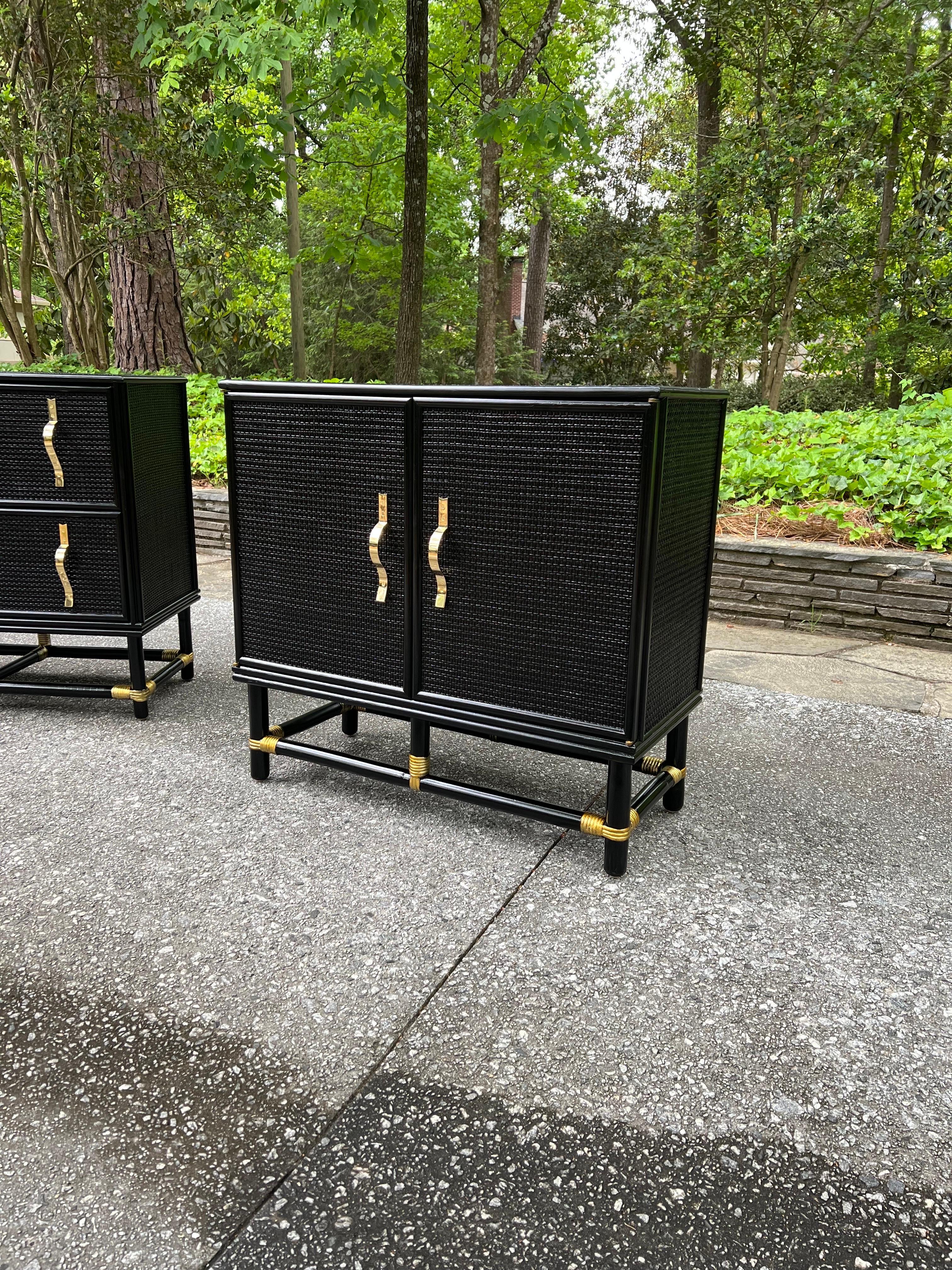 Spectacular Pair of Cane and Brass Doors and Drawers Commodes by Tommi Parzinger For Sale 12