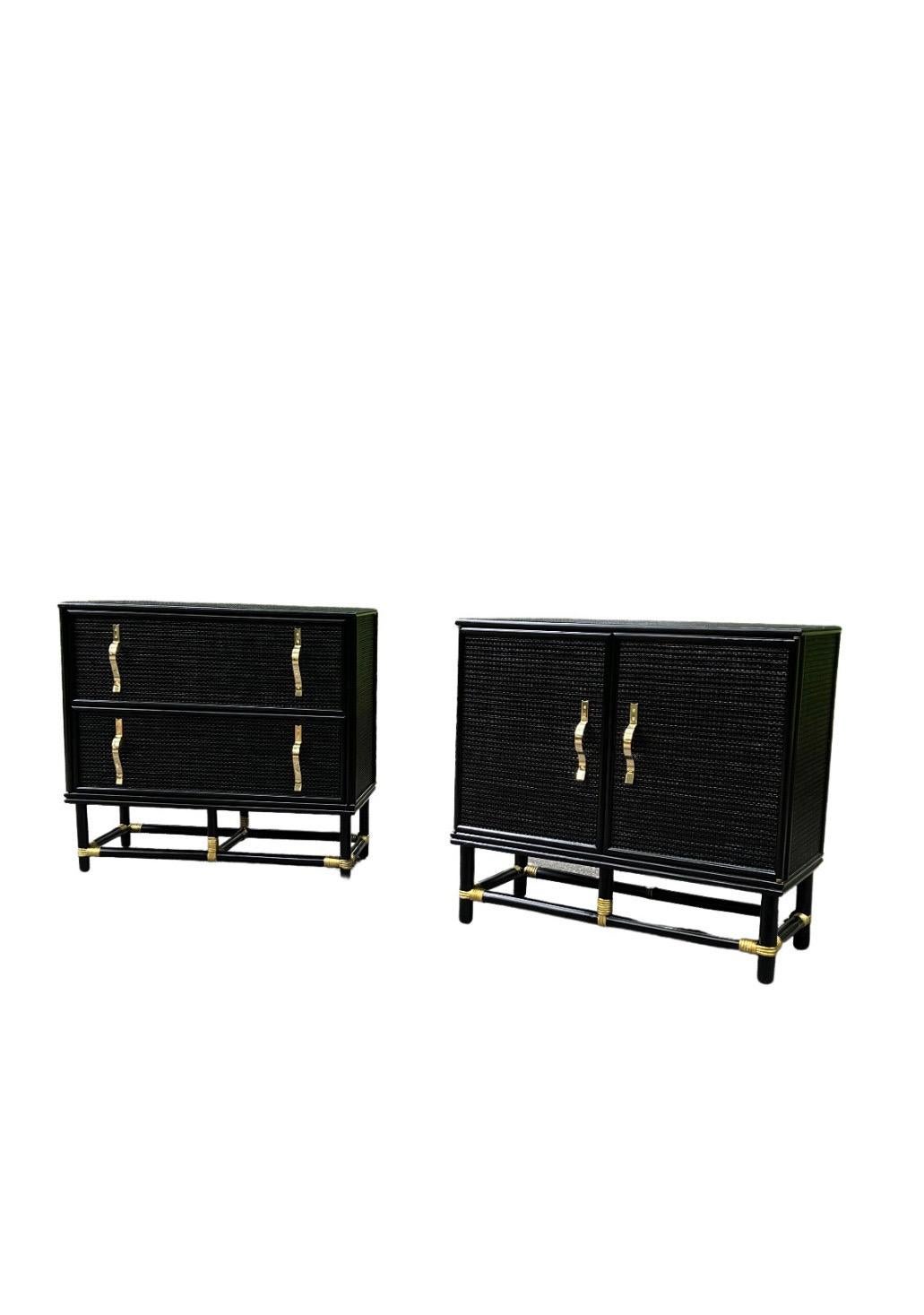 Spectacular Pair of Cane and Brass Doors and Drawers Commodes by Tommi Parzinger For Sale 14