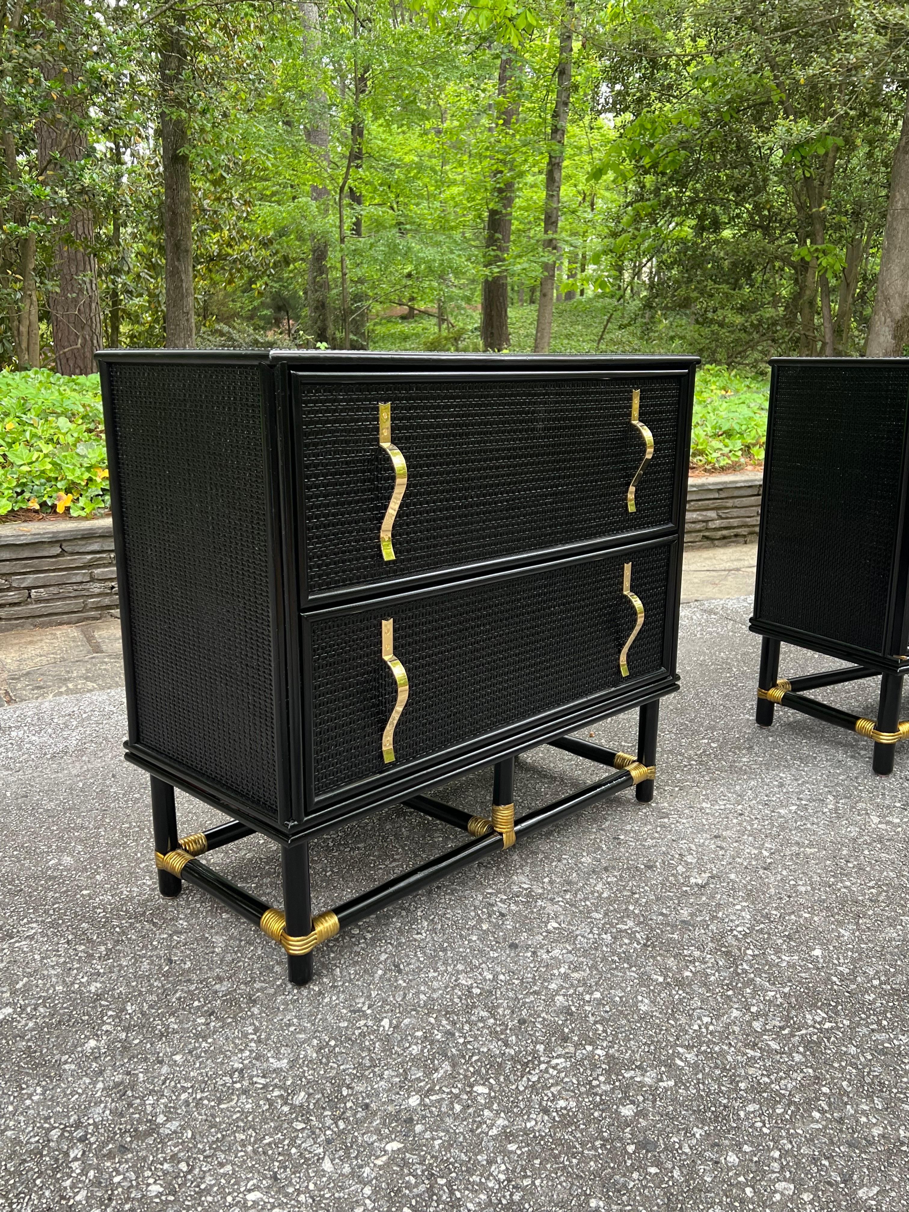 Organic Modern Spectacular Pair of Cane and Brass Doors and Drawers Commodes by Tommi Parzinger For Sale