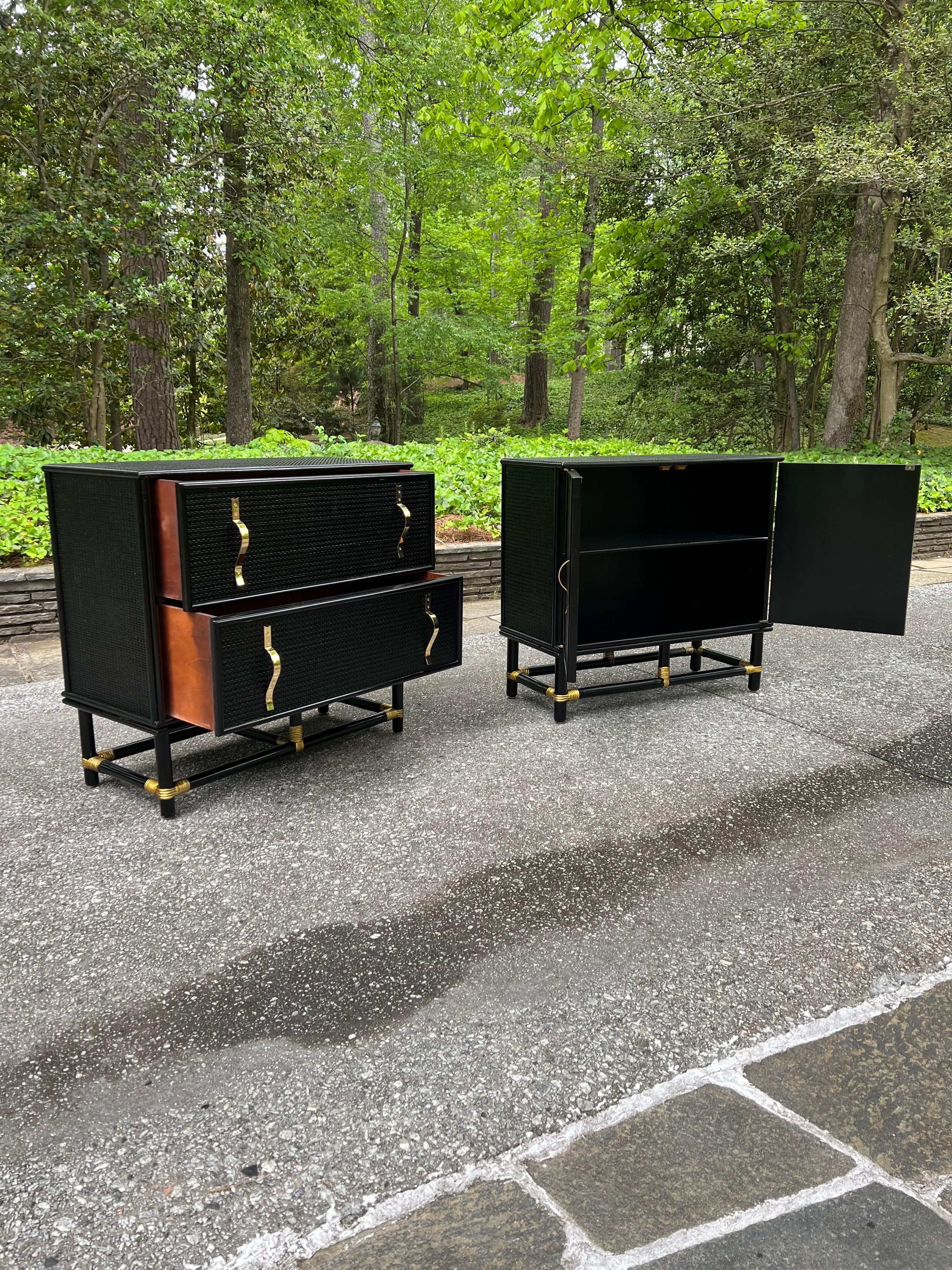 Spectacular Pair of Cane and Brass Doors and Drawers Commodes by Tommi Parzinger In Excellent Condition For Sale In Atlanta, GA