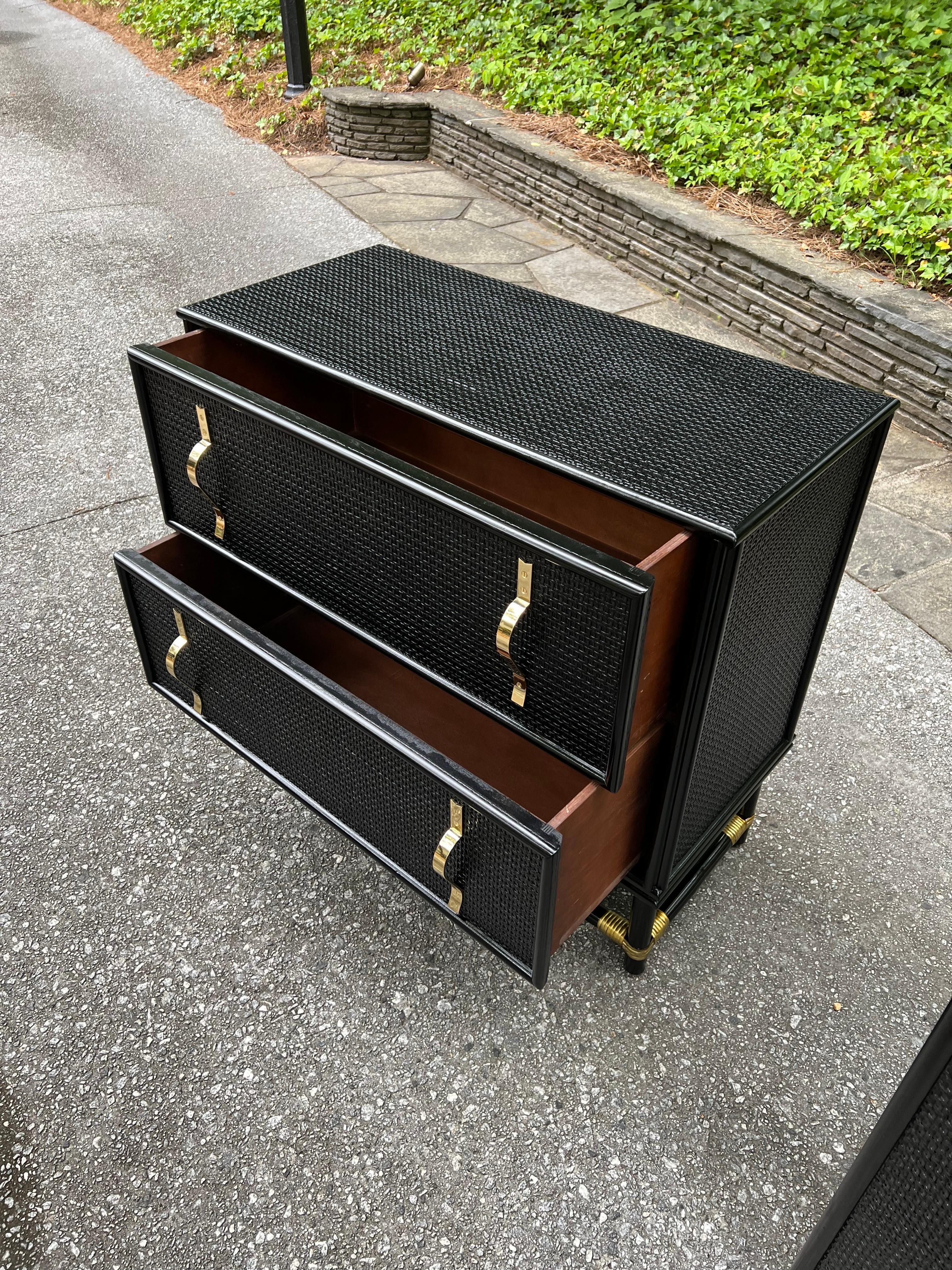 Mid-20th Century Spectacular Pair of Cane and Brass Doors and Drawers Commodes by Tommi Parzinger For Sale