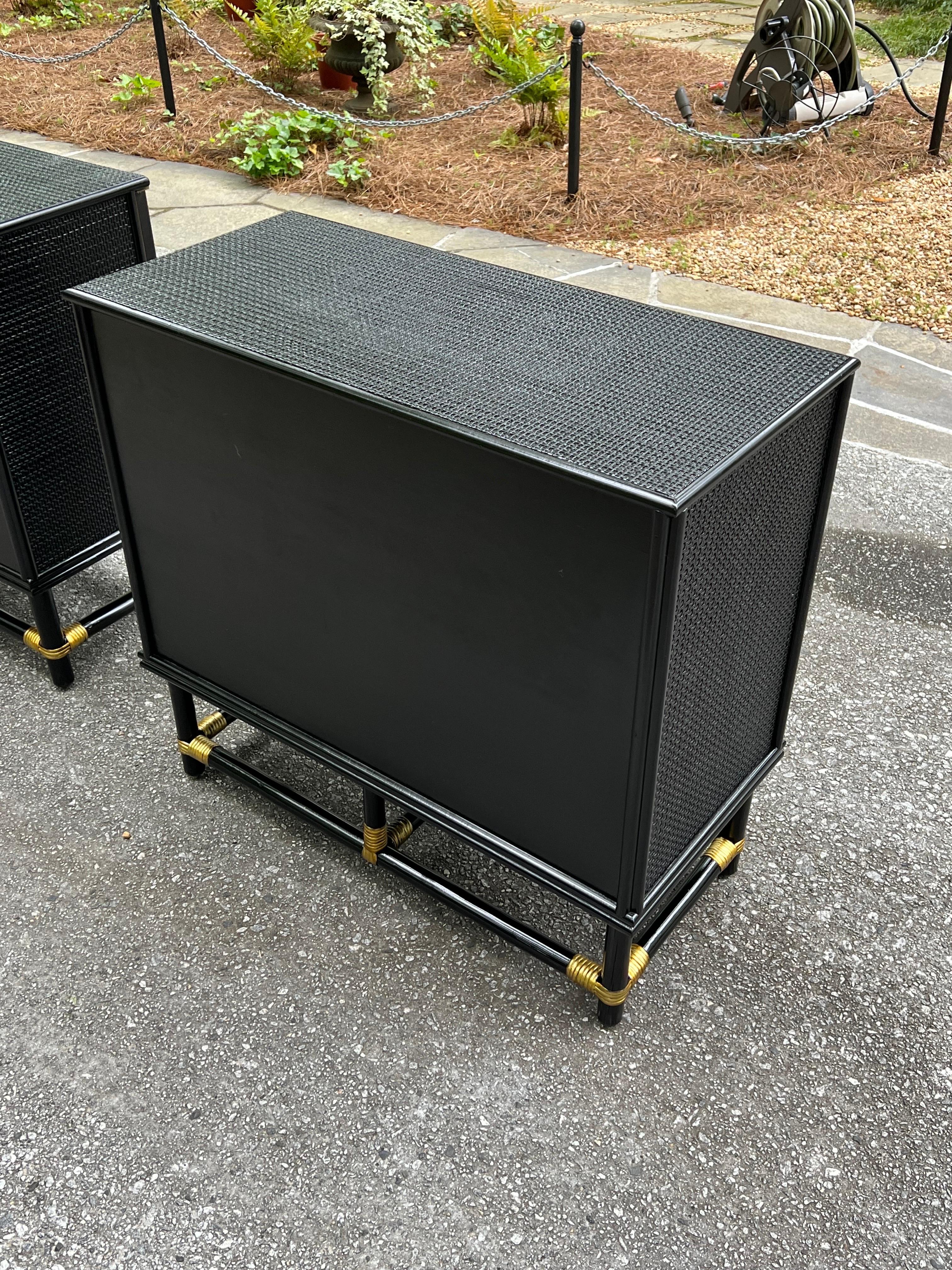 Spectacular Pair of Cane and Brass Doors and Drawers Commodes by Tommi Parzinger For Sale 3