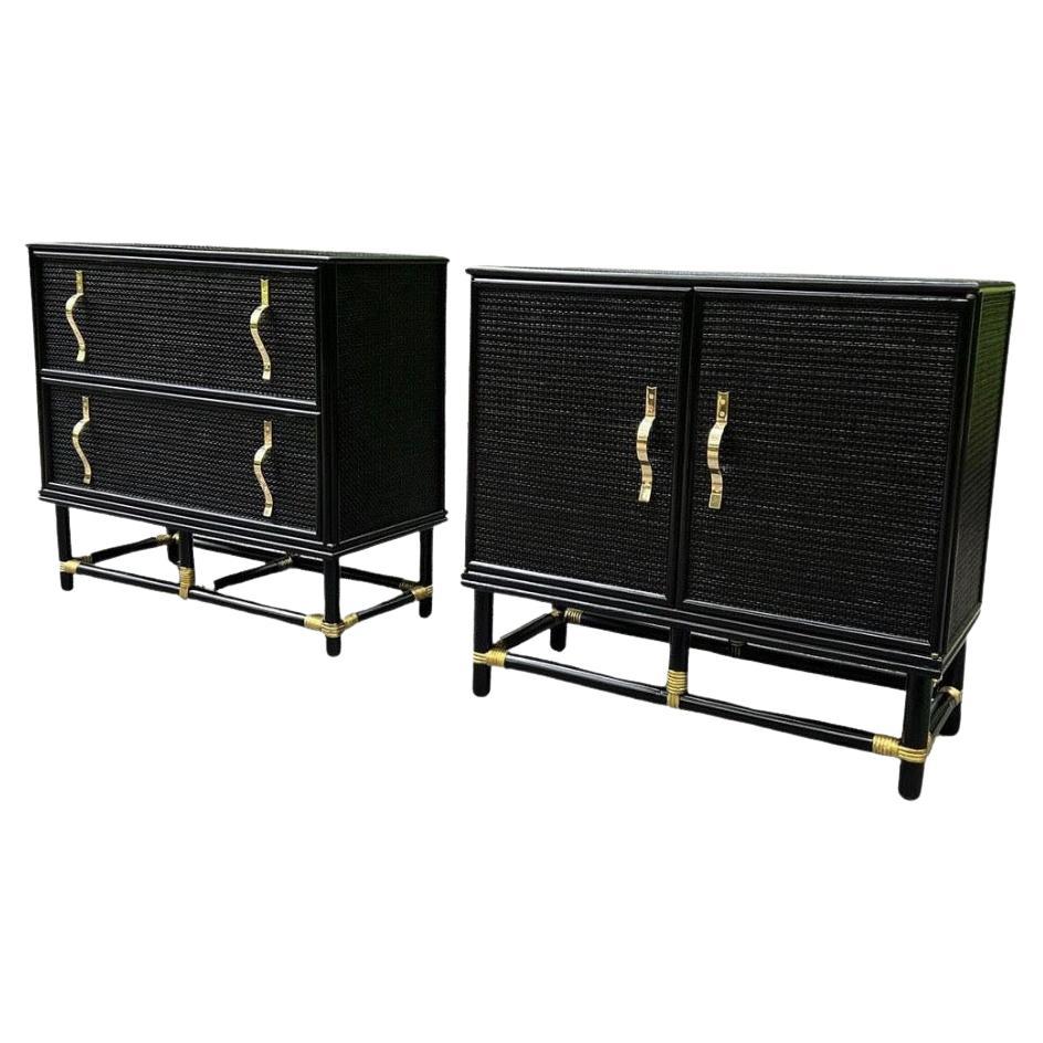 Spectacular Pair of Cane and Brass Doors and Drawers Commodes by Tommi Parzinger For Sale