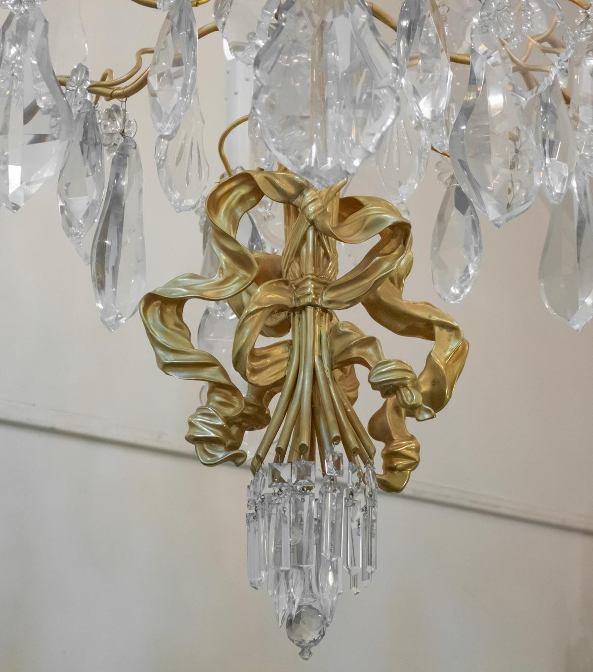 French Spectacular Pair of Chandeliers, 1930-1940 Gilt Bronze and Crystal