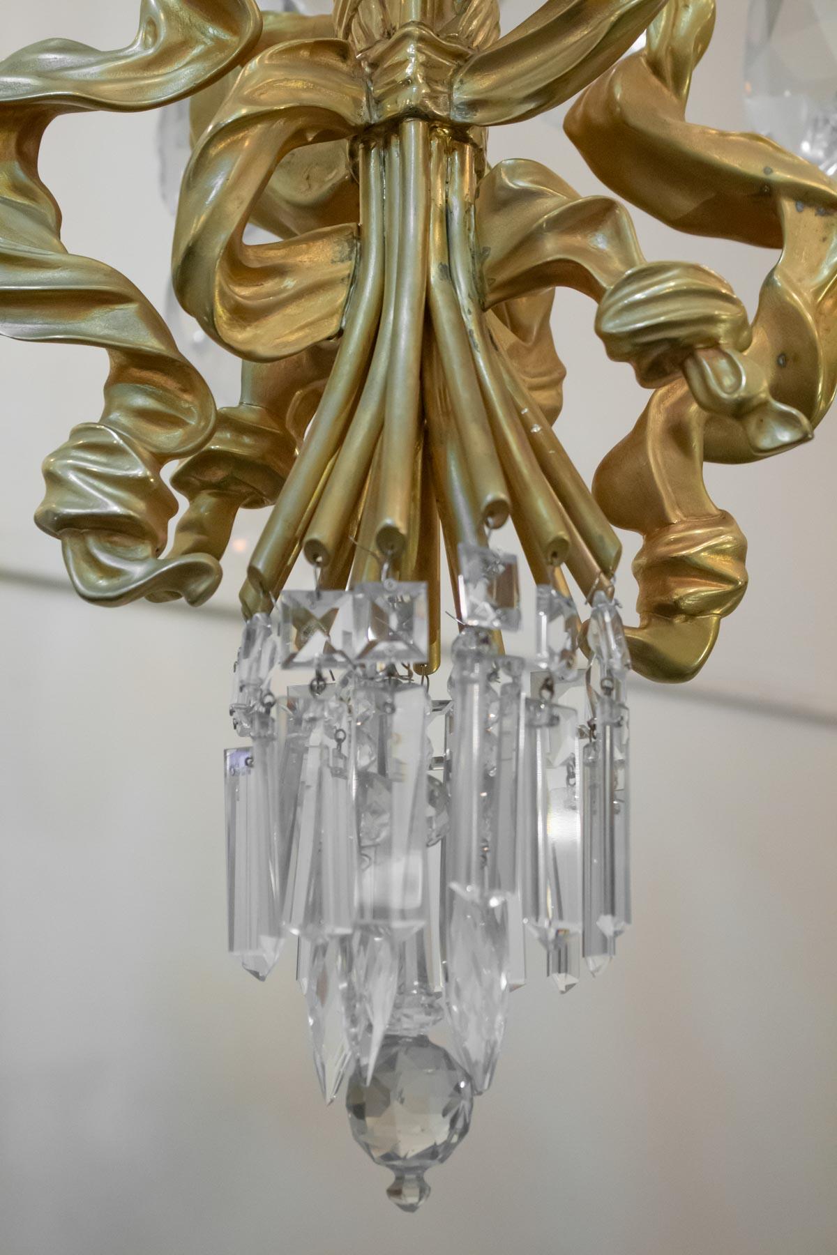 Spectacular Pair of Chandeliers, 1930-1940 Gilt Bronze and Crystal 2