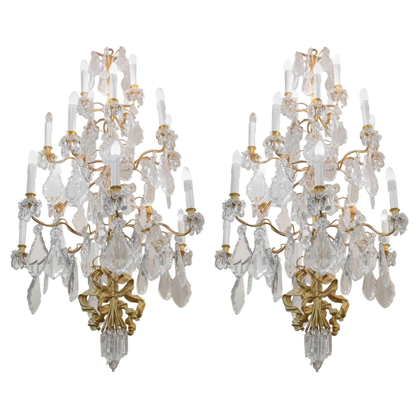 Spectacular Pair of Chandeliers, 1930-1940 Gilt Bronze and Crystal