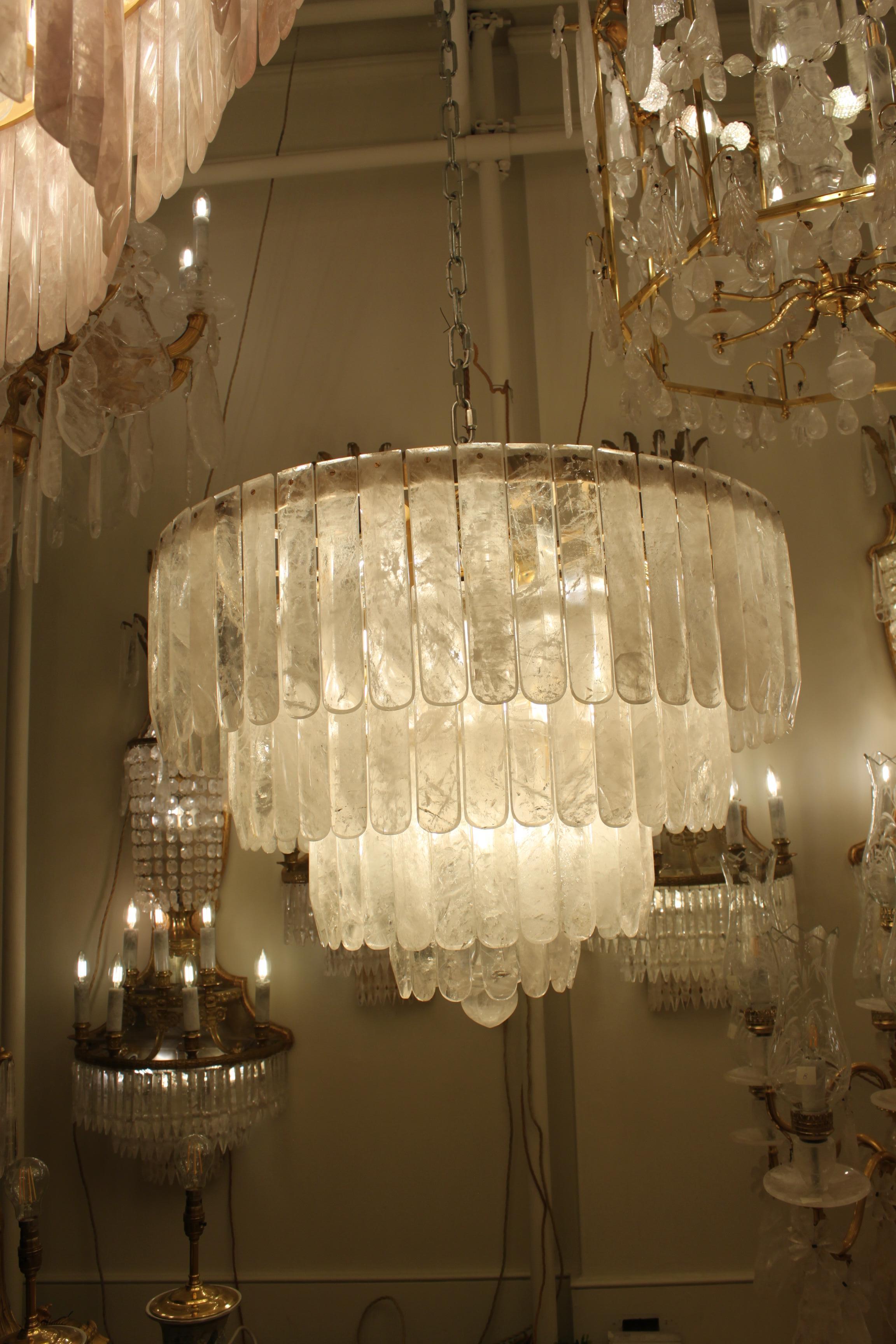 Spectacular Pair of Circular Tiered Rock Crystal Chandeliers For Sale 2