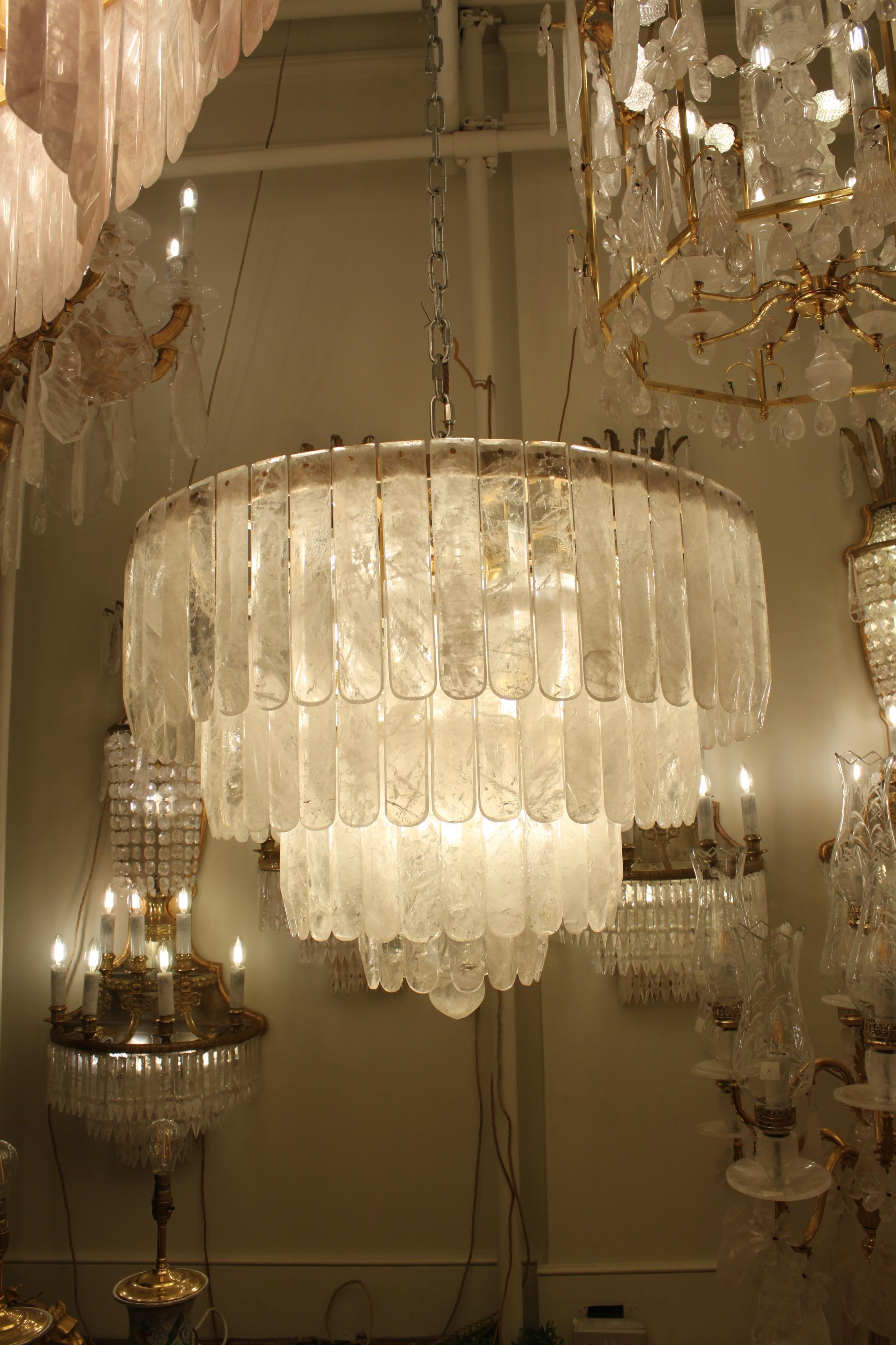 Spectacular Pair of Circular Tiered Rock Crystal Chandeliers For Sale 1