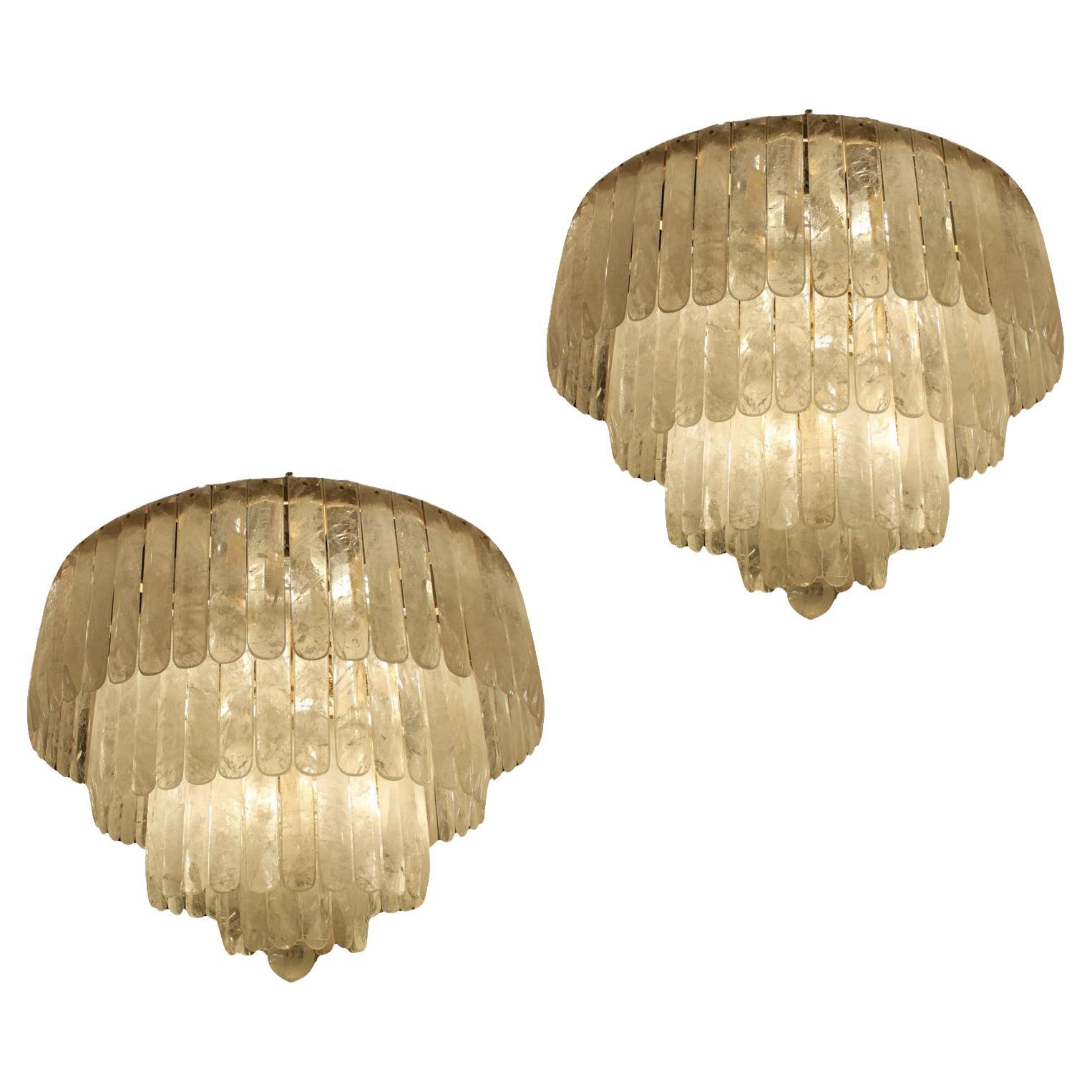 Spectacular Pair of Circular Tiered Rock Crystal Chandeliers For Sale