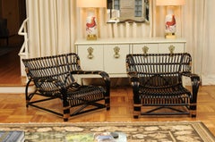Spectacular Pair of Espresso and Caramel Art Deco Rattan Loungers, circa 1940