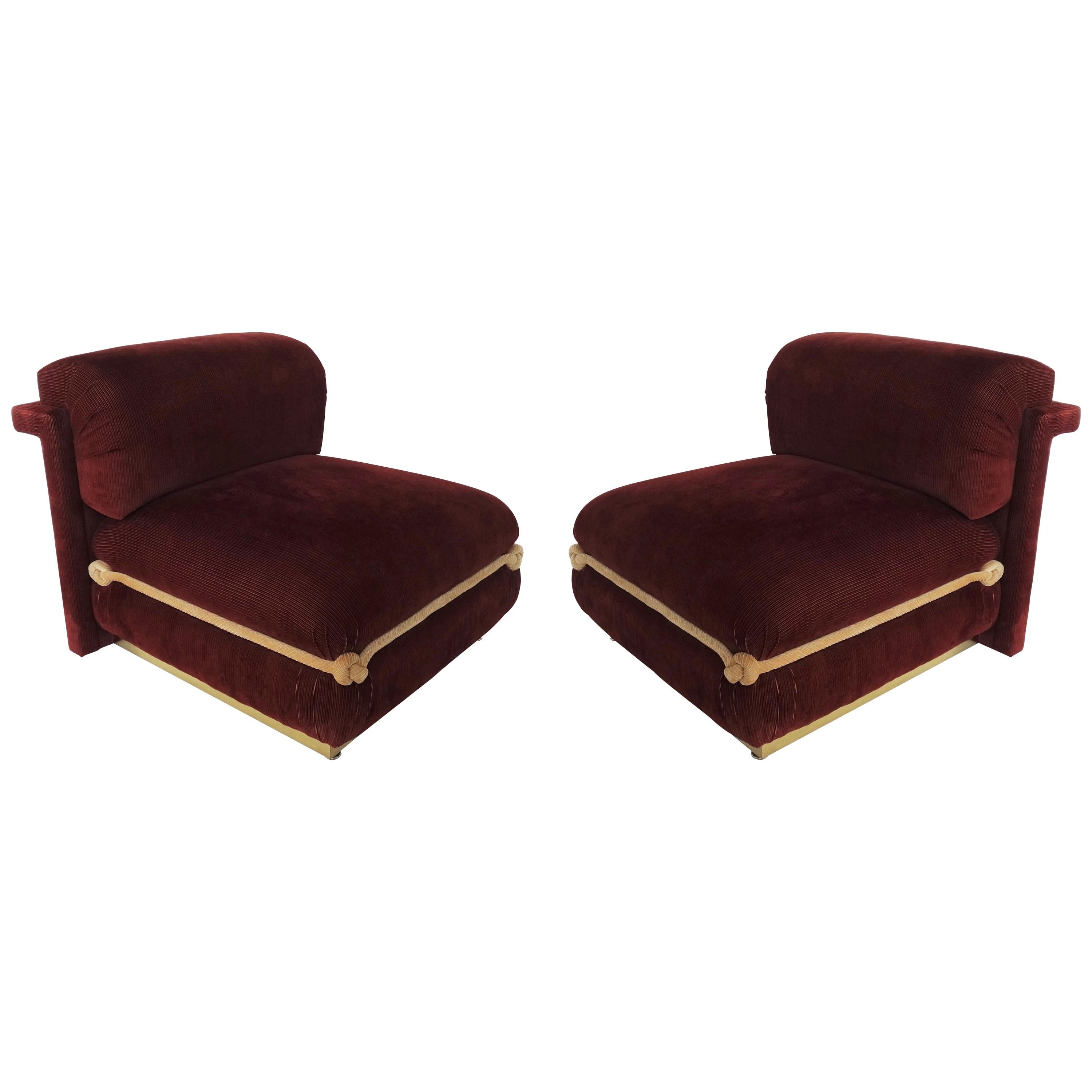 Spectacular Pair of French Art Deco Chairs with Brass Bases
