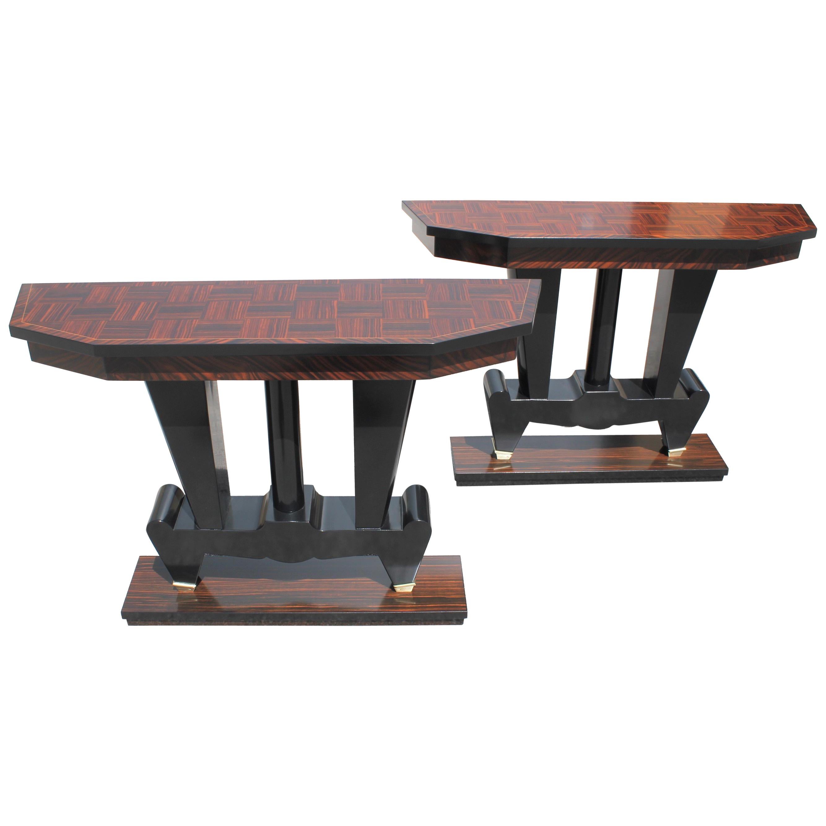 Spectacular Pair of French Art Deco Macassar Ebony Console Tables, circa 1940s