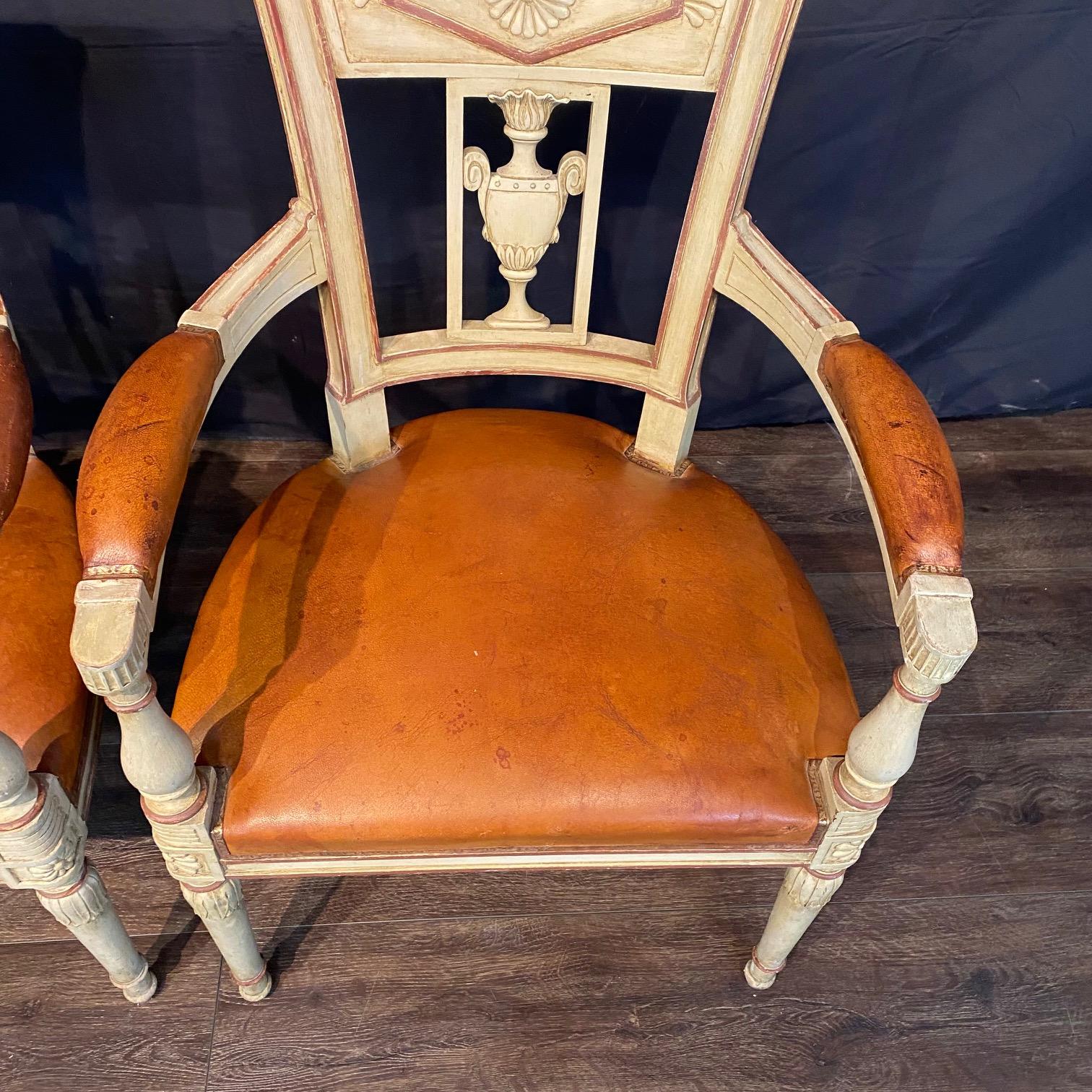 Spectacular Pair of French Neoclassical Figural Leather Armchairs In Good Condition For Sale In Hopewell, NJ