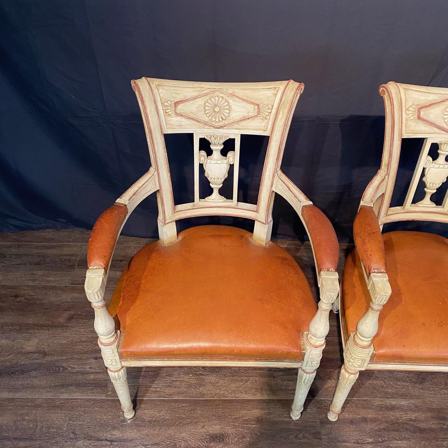 Early 20th Century Spectacular Pair of French Neoclassical Figural Leather Armchairs For Sale
