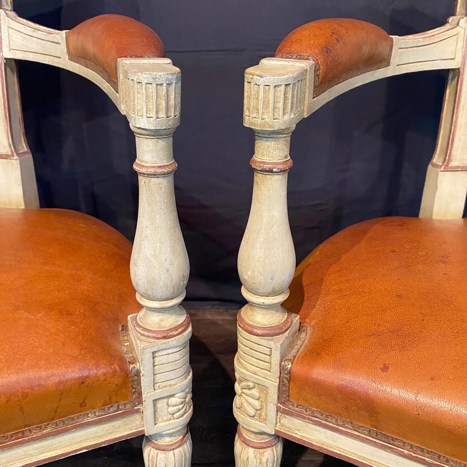 Spectacular Pair of French Neoclassical Figural Leather Armchairs For Sale 3