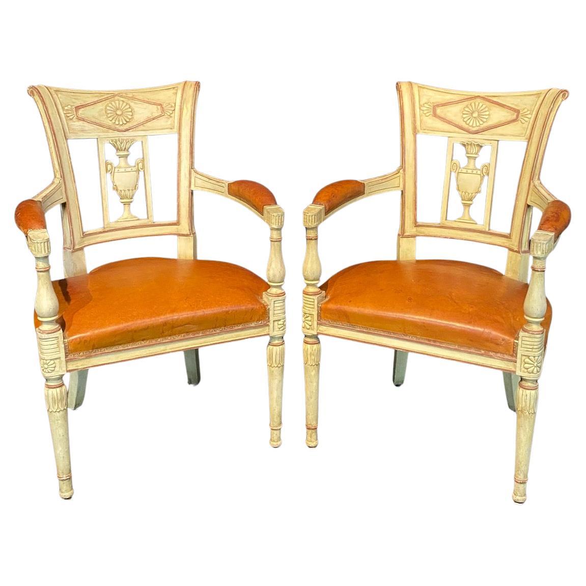Spectacular Pair of French Neoclassical Figural Leather Armchairs For Sale