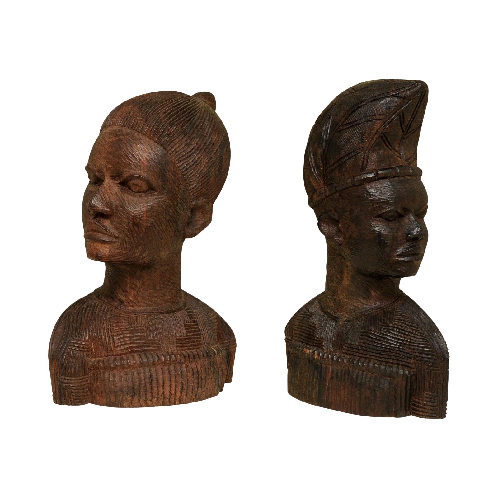 Spectacular Pair of Hand Carved Mahogany Tribal Busts, circa 1930