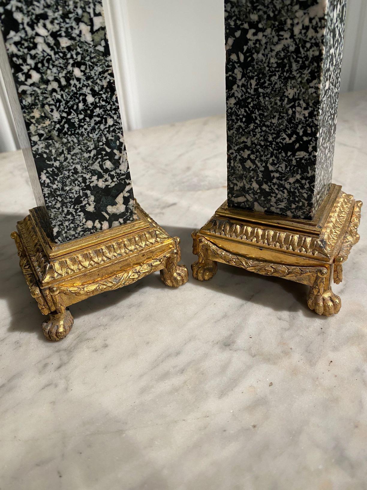 Pair of Italian Ormolu-mounted green granite obelisks on gilt bronze bases

France, Louis XVI period, late 18th century

Granito verde della antico (Ophytes) – Egyptian antic green granite

Dimensions : 

H. 36 cm – W. 8 cm – D. 8 cm ( 14