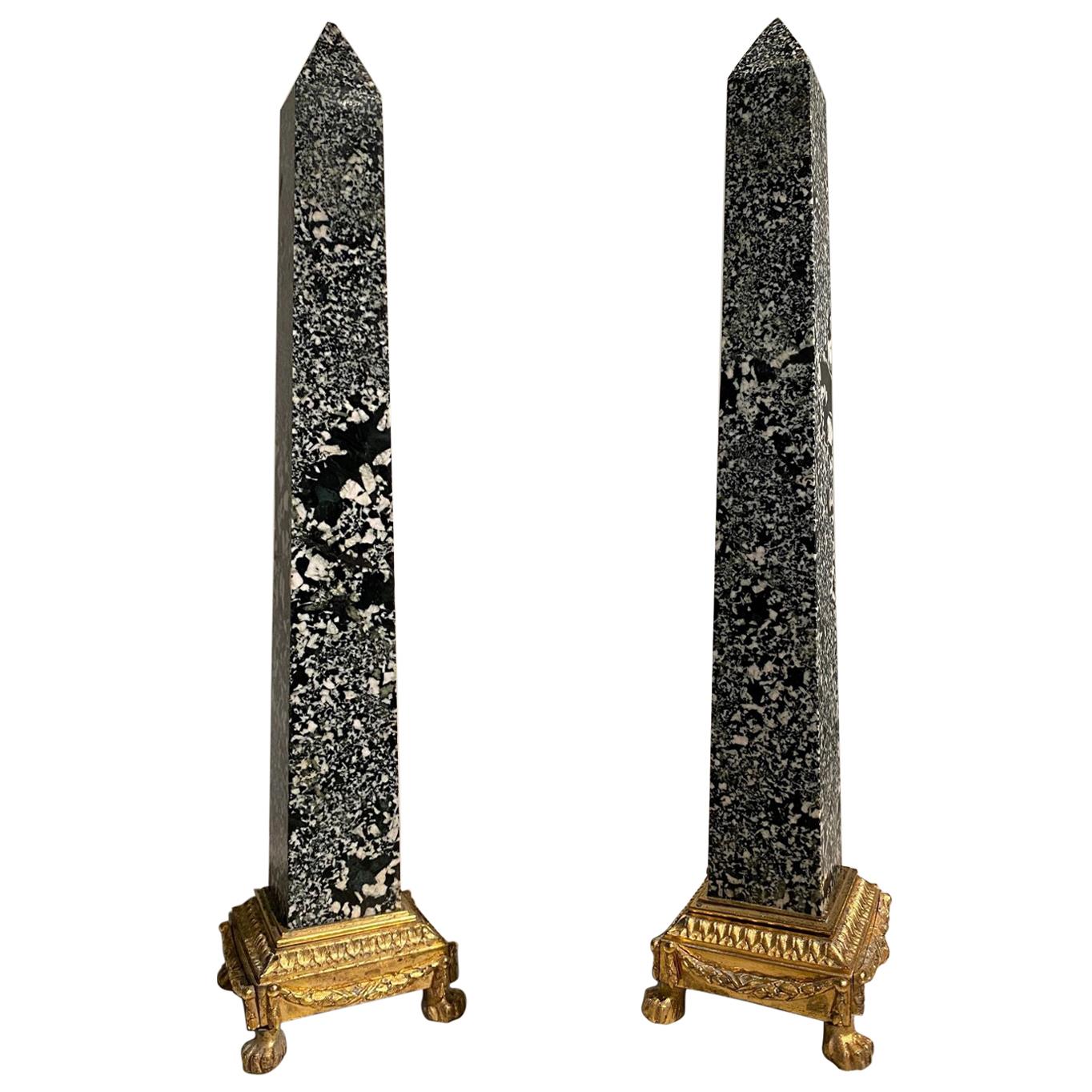 Spectacular Pair of Italian Ormolu and Green Granite Obelisks, France, 18th C. For Sale
