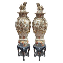 Antique Spectacular pair of Japanese Satsuma lidded vases, circa 1890, on stands. 200cm