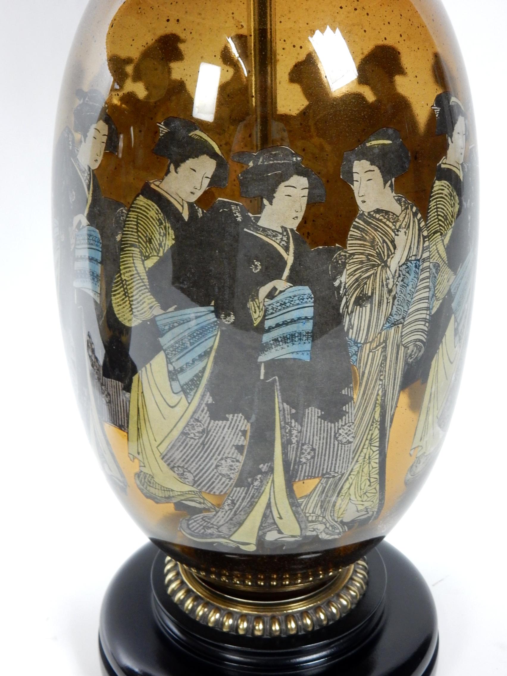 Wunderschönes Paar Chinoiserie-Kunstglaslampen aus der Mitte des Jahrhunderts (amerikanisch) im Angebot