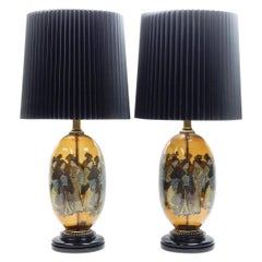 Vintage Gorgeous Pair of Mid-Century Chinoiserie Art Glass Lamps