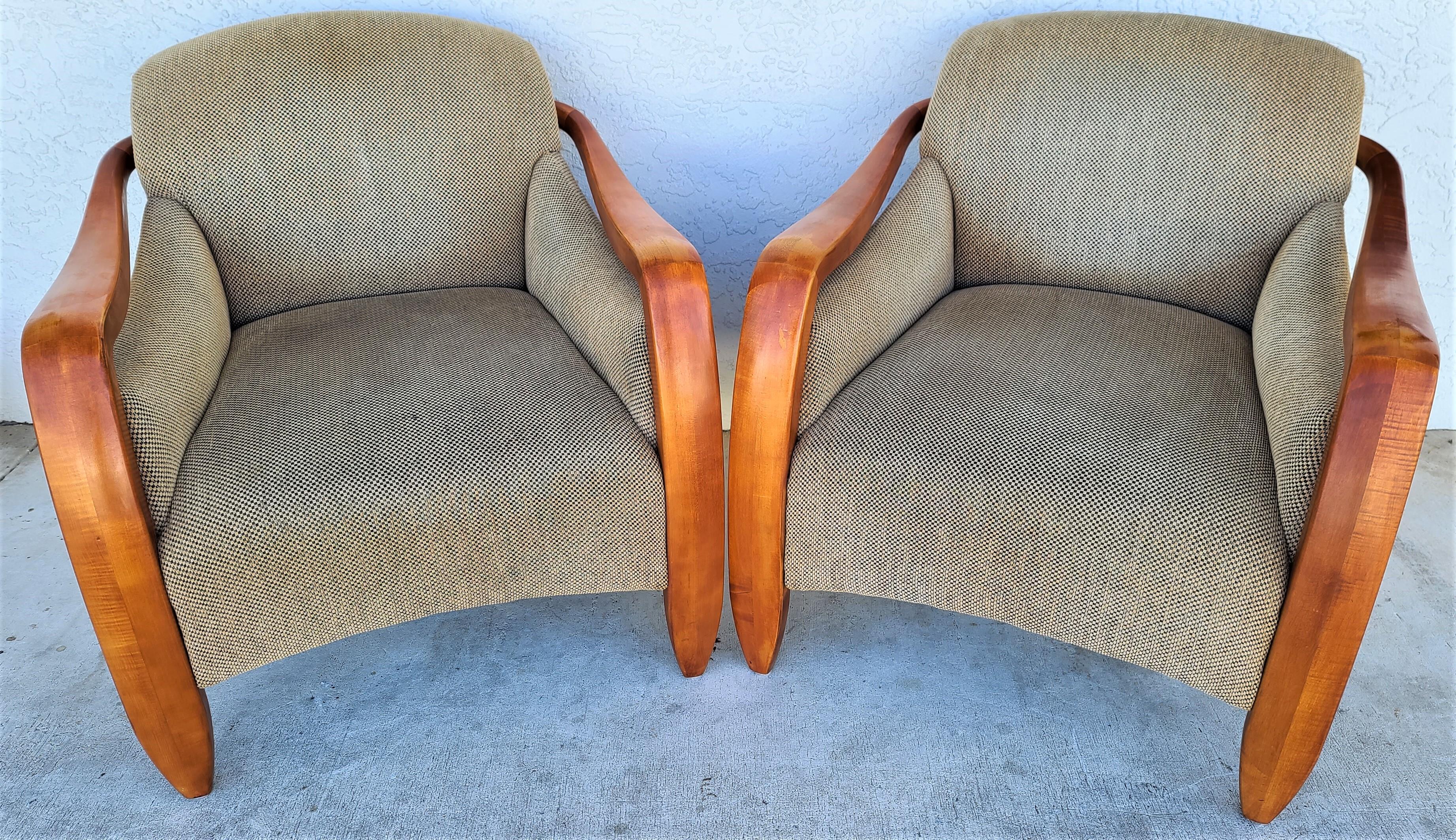 Offering one of our recent Palm Beach Estate fine furniture acquisitions of a
Spectacular pair of Mid-Century Modern upholstered lounge chairs
These are very comfortable, large, and well-built chairs with spring-supported seats.

Approximate