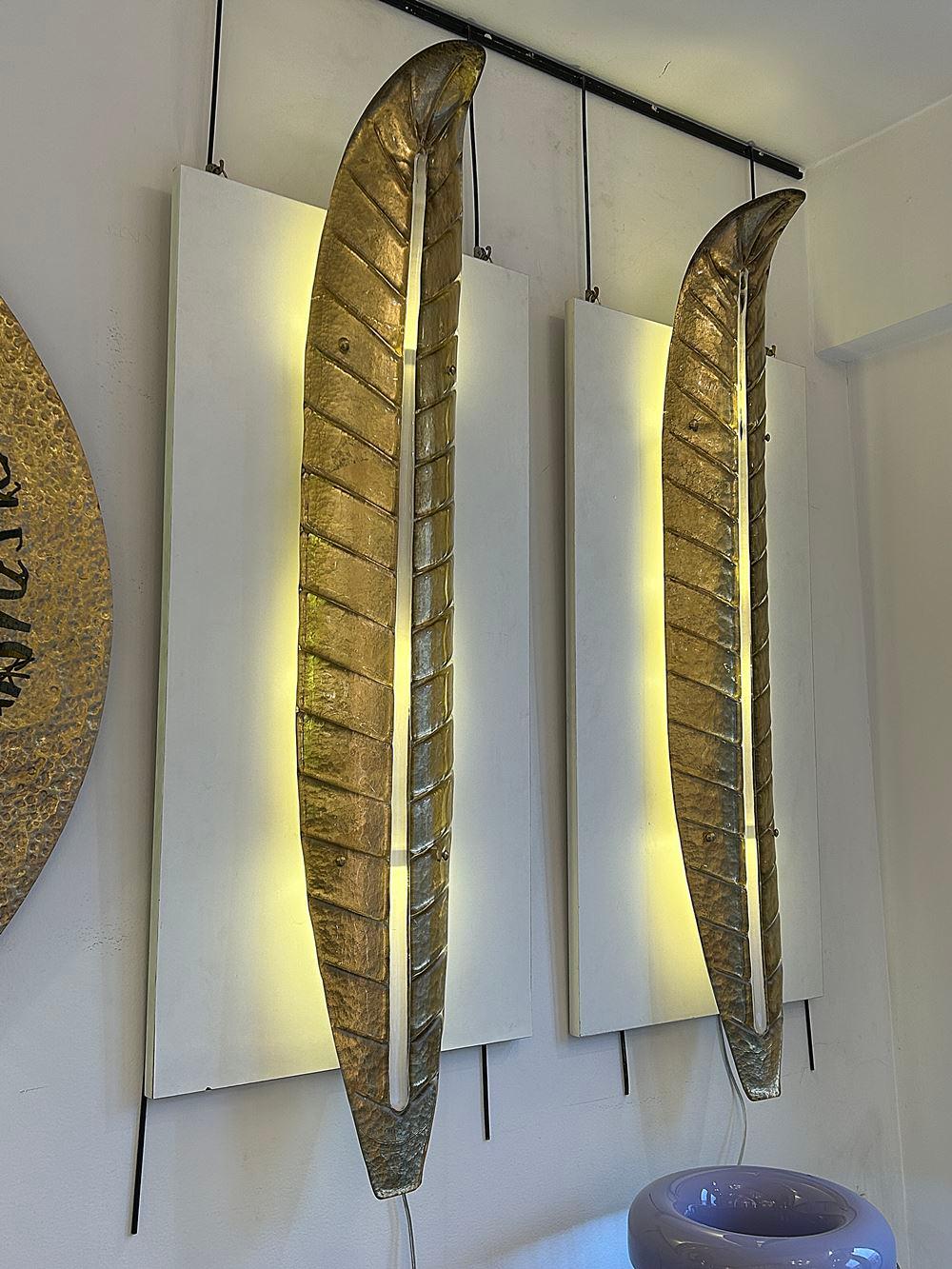 Spettacolare coppia di lampade da parete in vetro di Murano con foglie d'oro in vendita 2