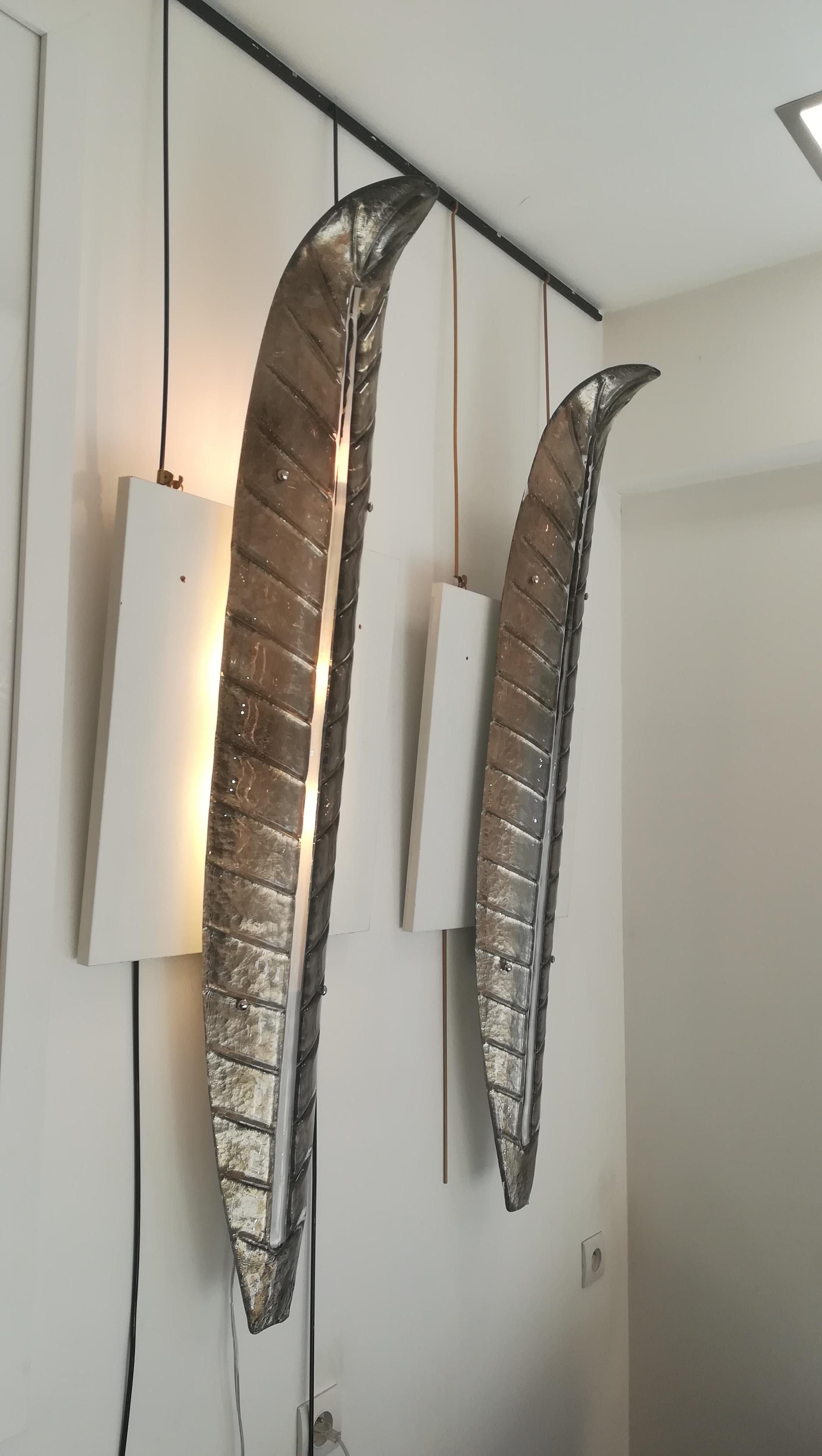 Modern Spectacular Pair of Murano Glass Silver Leaves Wall Sconces