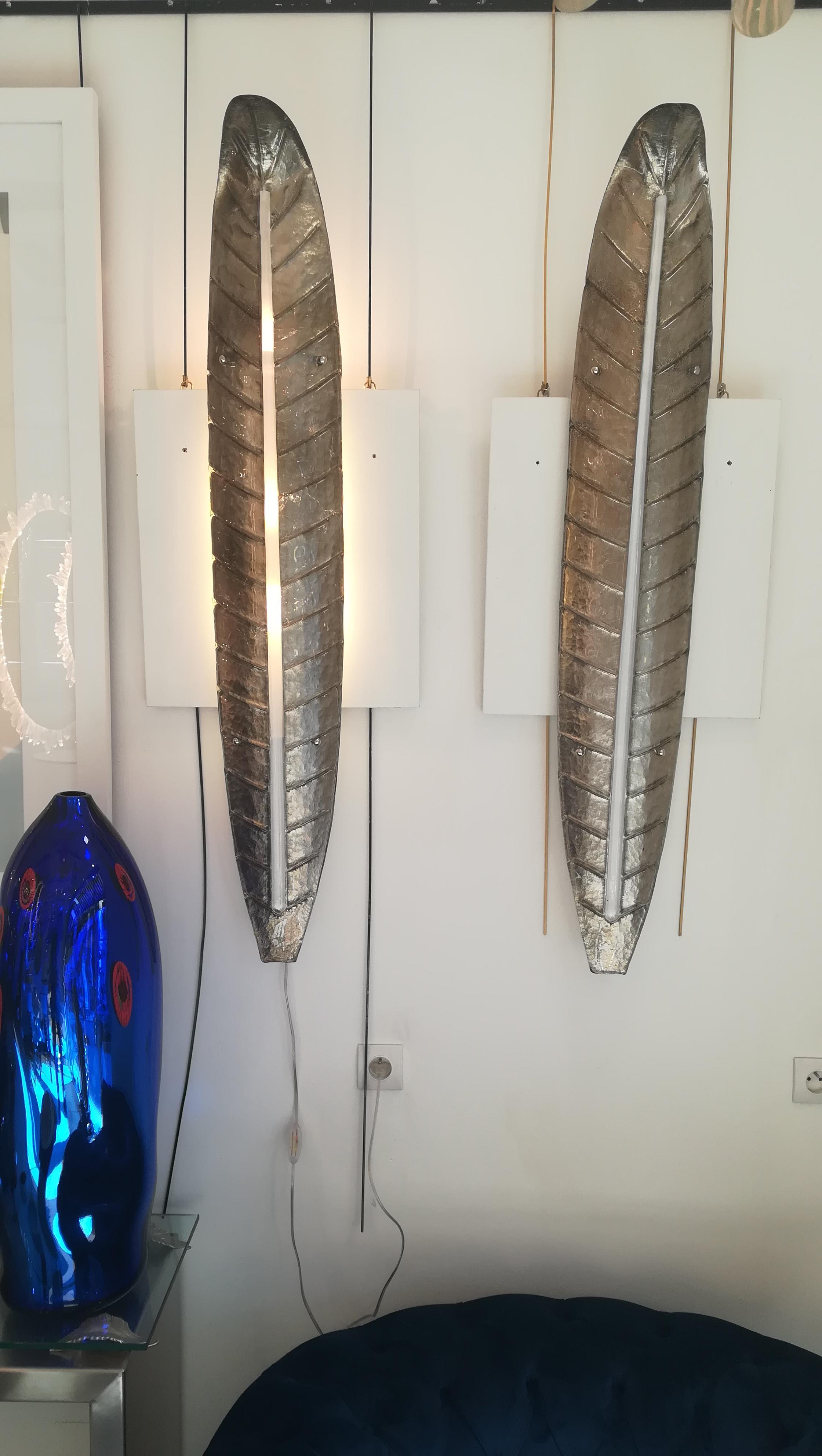 Spectacular Pair of Murano Glass Silver Leaves Wall Sconces 2