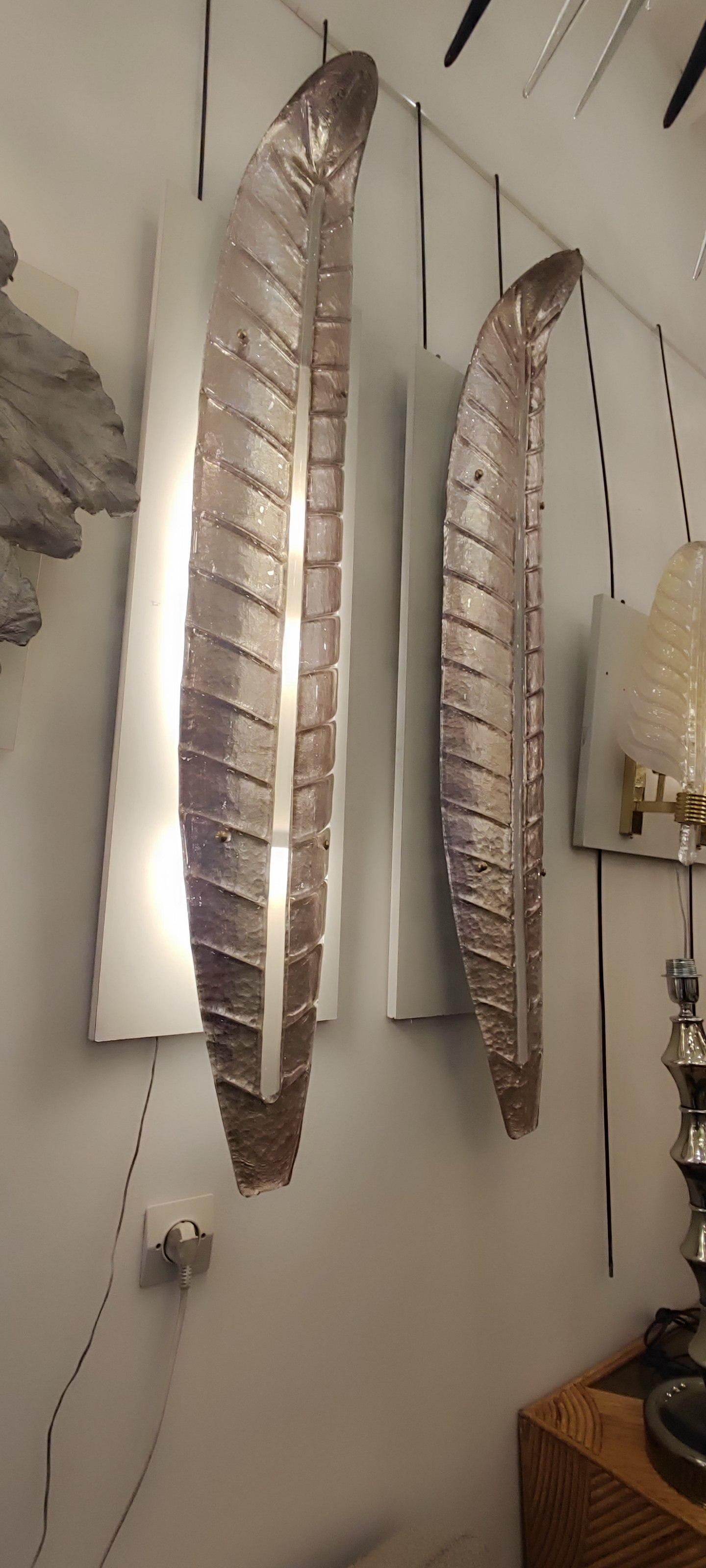 Spectacular Pair of Murano Glass Silver-light pink Leaves Wall Sconces For Sale 6